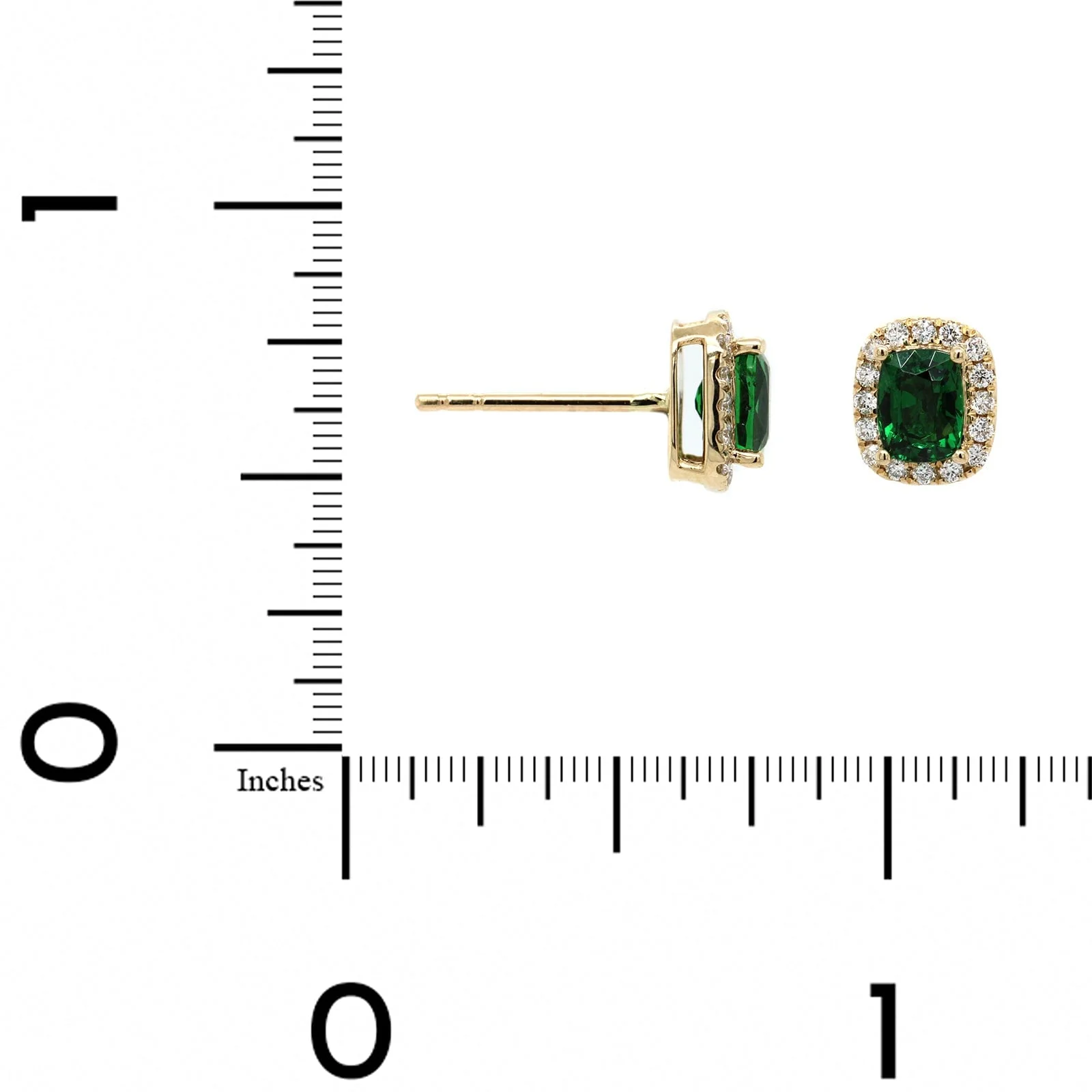 14K Yellow Gold Cushion Cut Tsavorite and Diamond Stud Earrings - Image 2