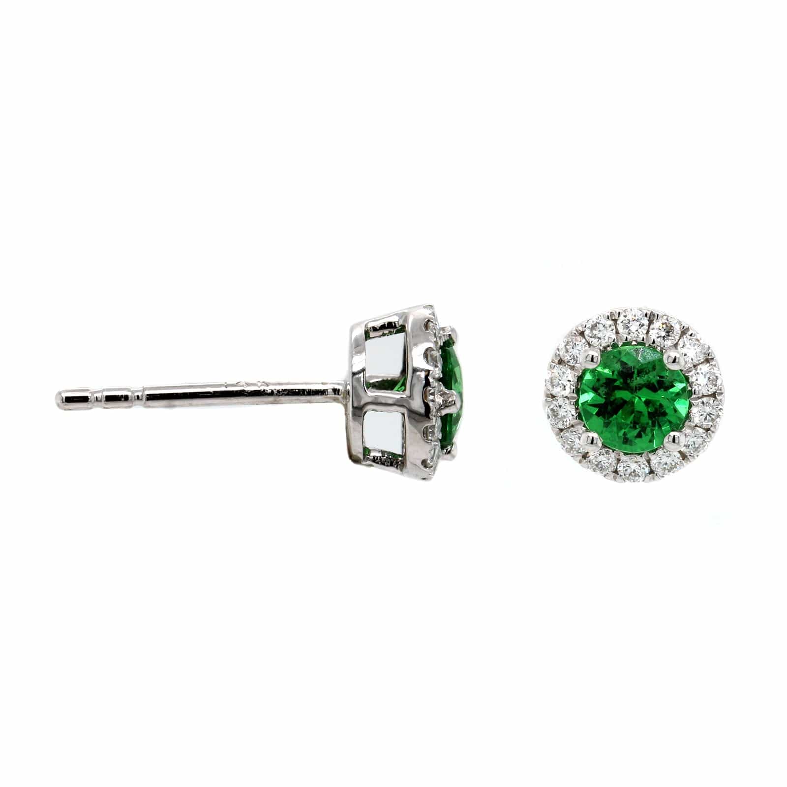 14K White Gold Round Tsavorite and Diamond Stud Earrings