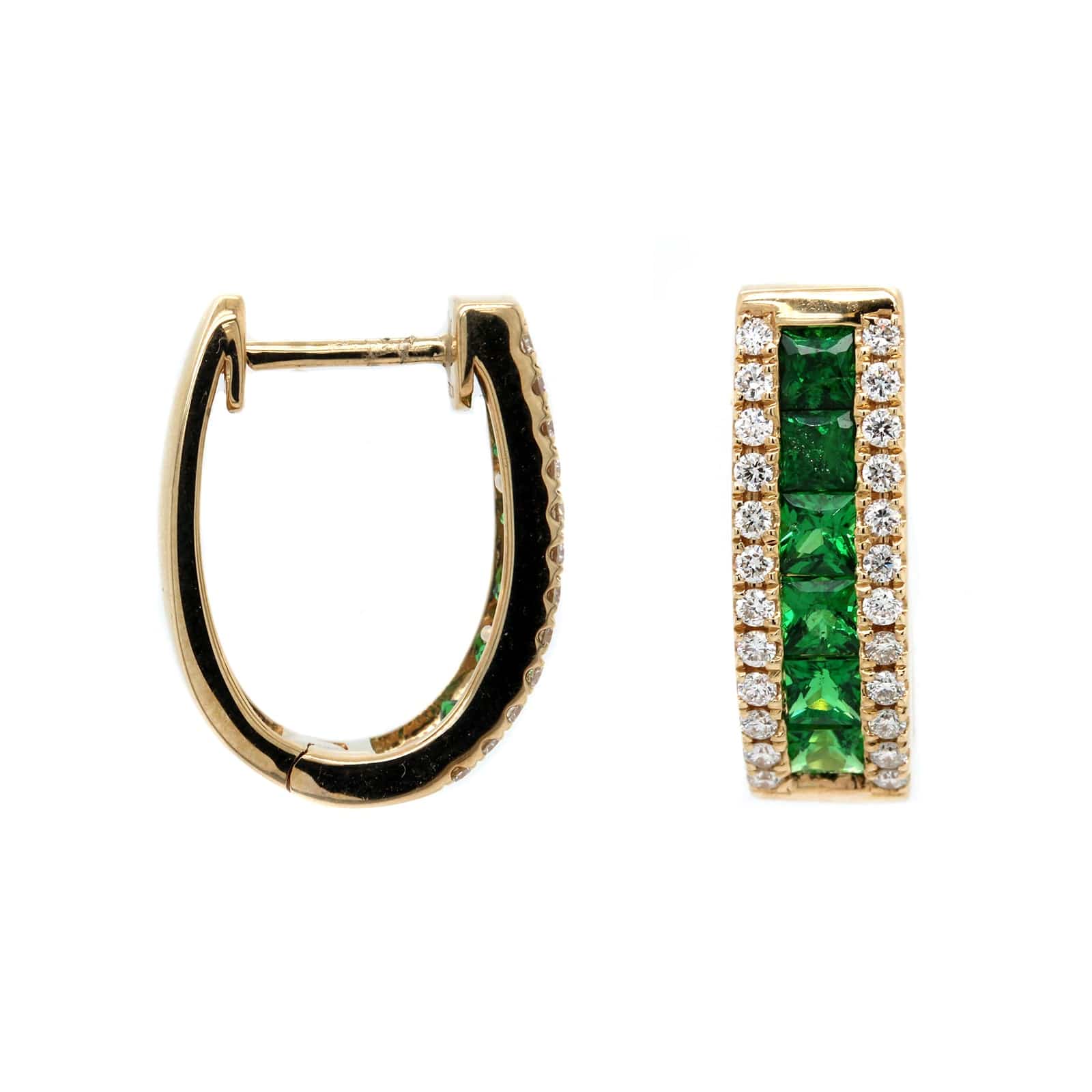 14K Yellow Gold 3 Row Tsavorite and Diamond Hoop Earrings