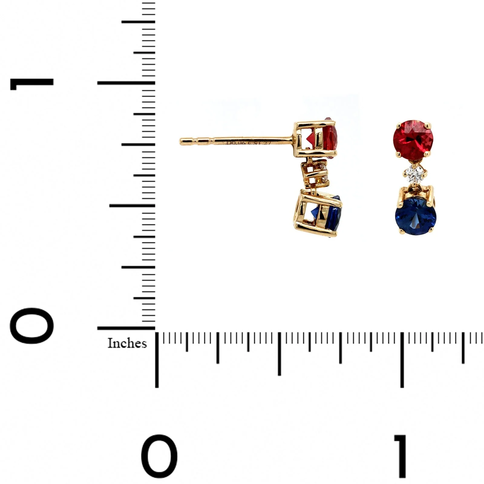 14K Yellow Gold 3 Stone Ruby, Sapphire, and Diamond Earrings - Image 2