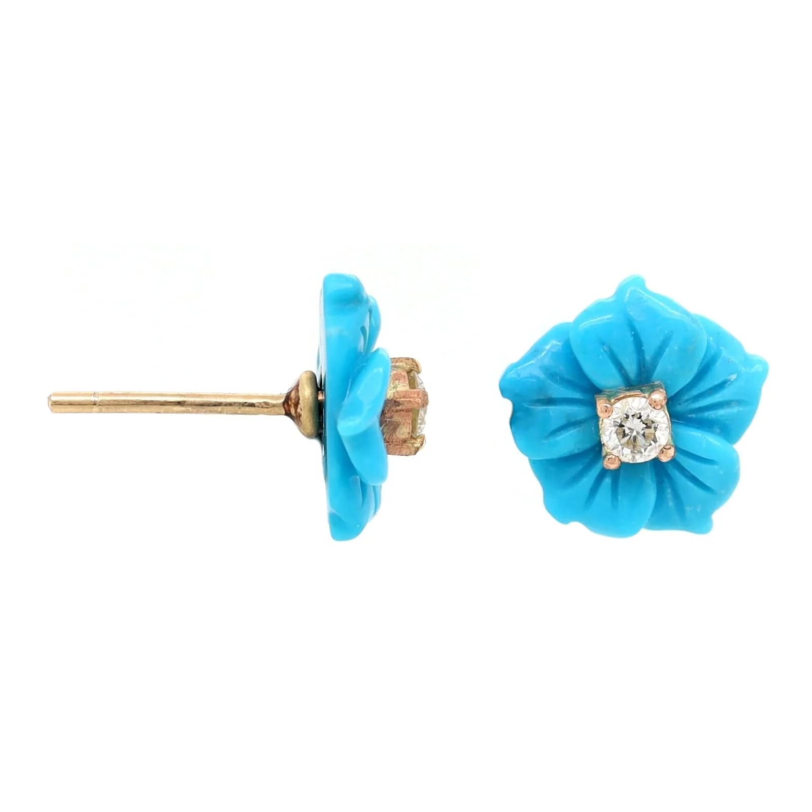 18K Yellow Gold Diamond and Turquoise Floral Stud Earrings