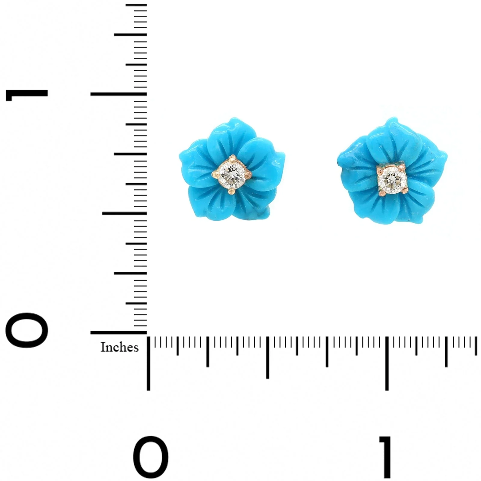 18K Yellow Gold Diamond and Turquoise Floral Stud Earrings - Image 2