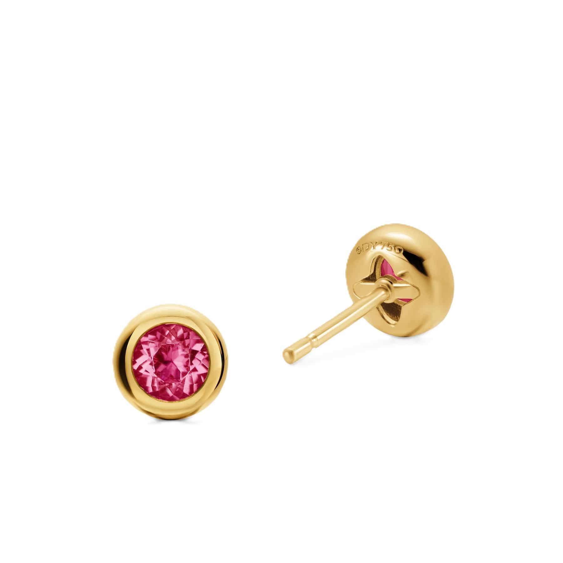 Bezel Set Stud Earrings 18K Yellow Gold with Pink Tourmalines, 6.6mm - Image 2