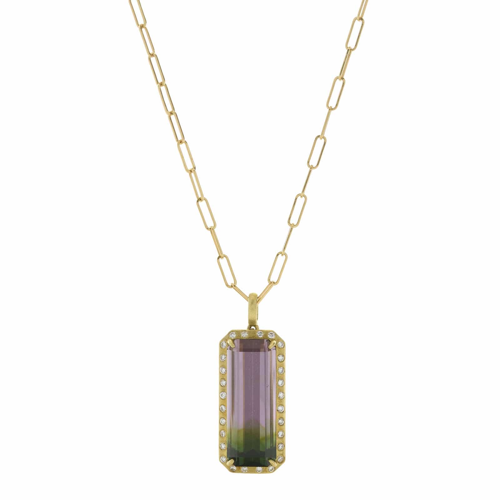 18K Yellow Gold Purple Green Tourmaline Diamond Halo Pendant Necklace