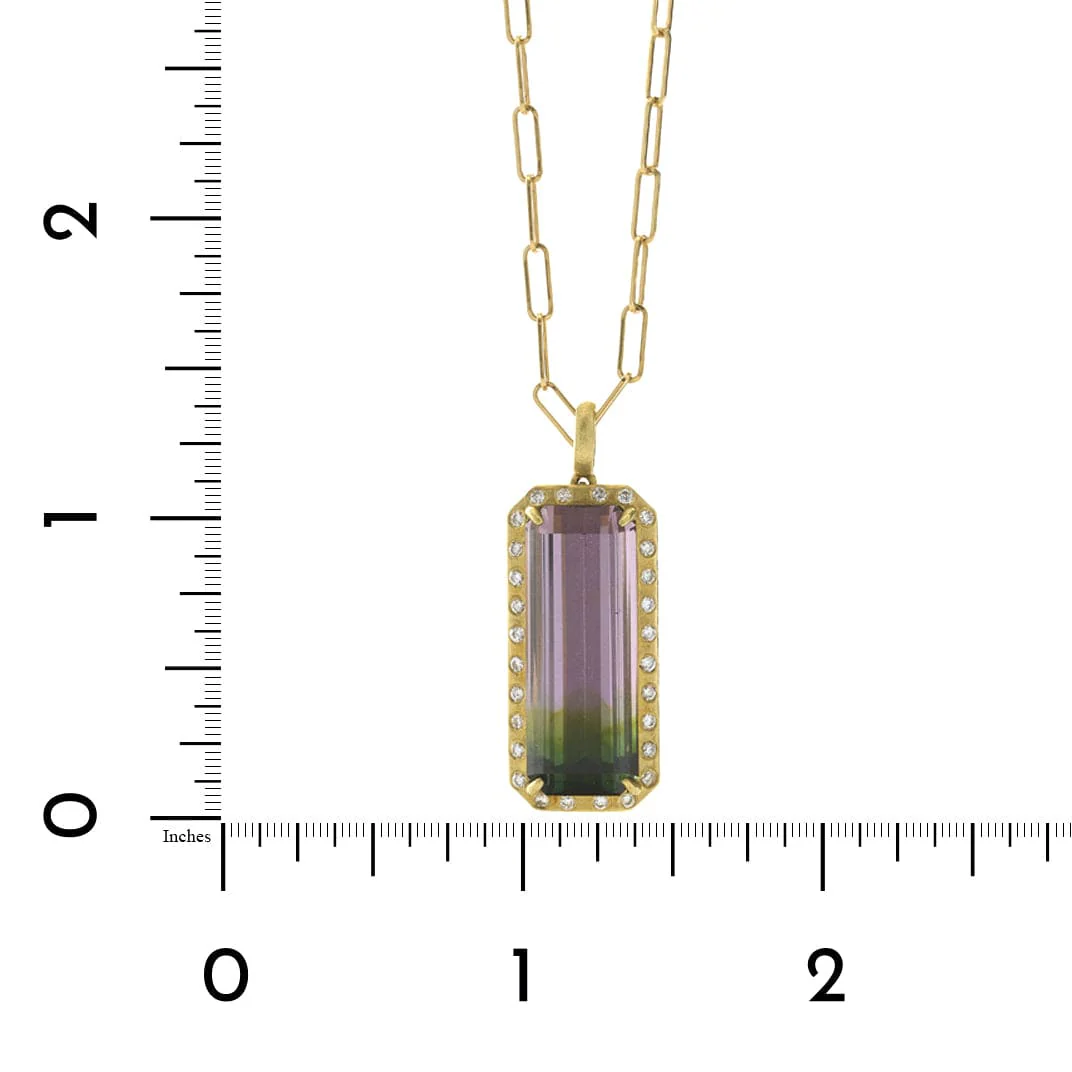 18K Yellow Gold Purple Green Tourmaline Diamond Halo Pendant Necklace - Image 2