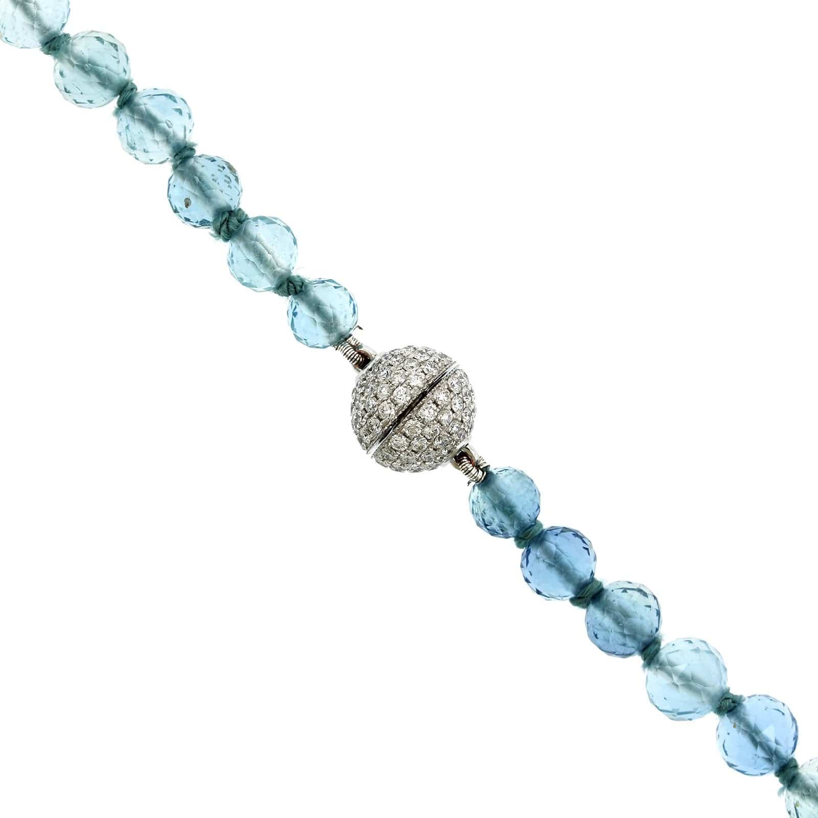 18K White Gold Graduated Aquamarine Bead with Diamond Necklace - Image 2