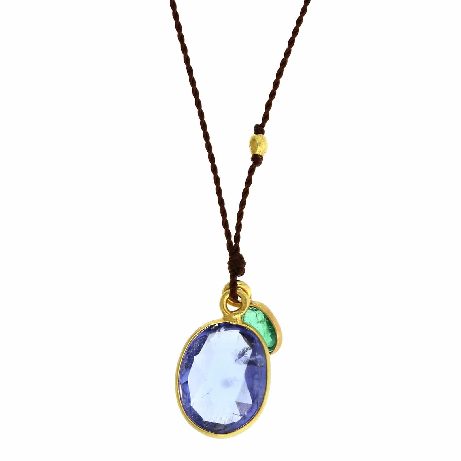 18K Yellow Gold Tanzanite and Emerald Pendant - Image 2
