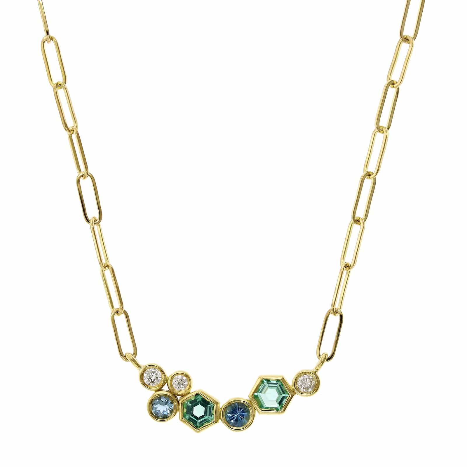 18K Yellow Gold Green Beryl, Aquamarine, and Diamond Bubble Necklace - Image 5