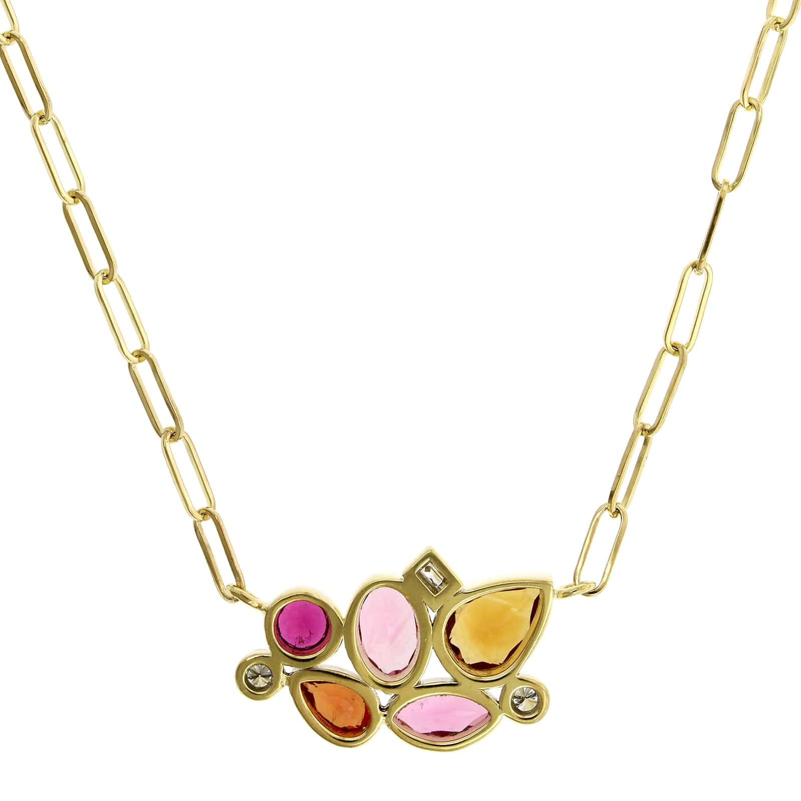 18K Yellow Gold Pink Tourmaline, Garnet, Pink Sapphire and Diamond Bubble Necklace - Image 2
