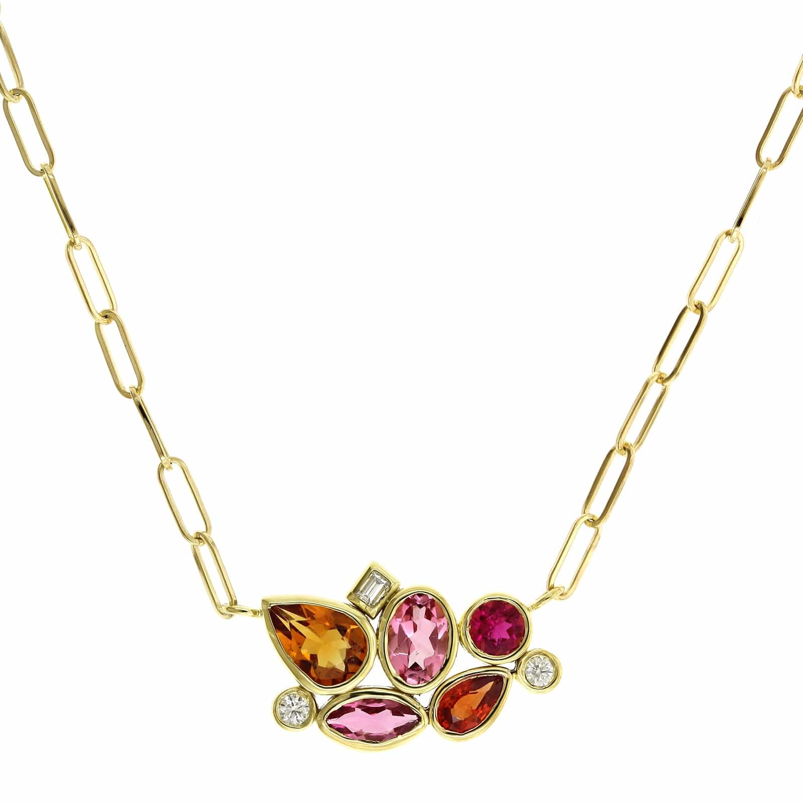 18K Yellow Gold Pink Tourmaline, Garnet, Pink Sapphire and Diamond Bubble Necklace - Image 5