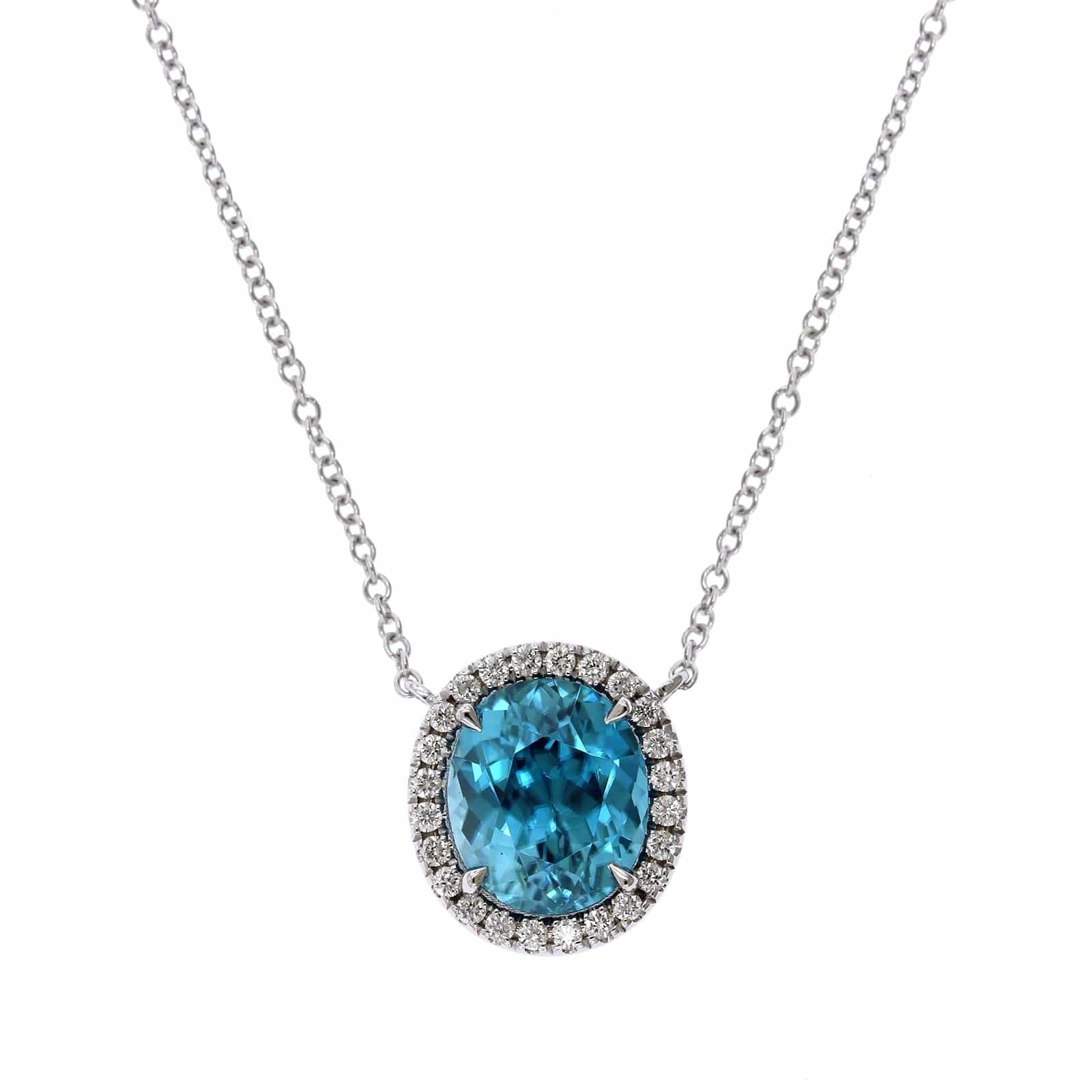 18K White Gold Blue Zircon Diamond Halo Pendant