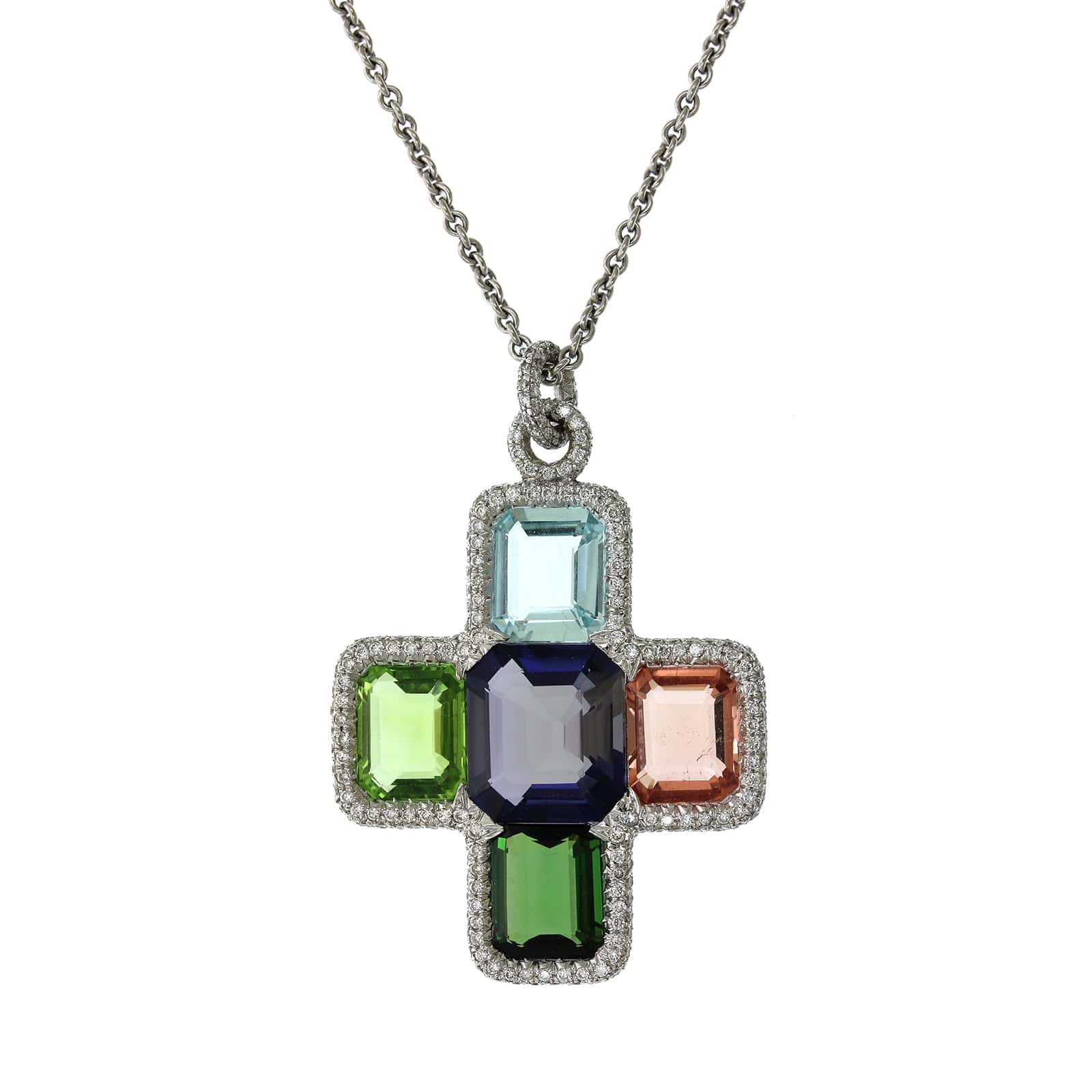 18K White Gold Multi Stone Cross Necklace