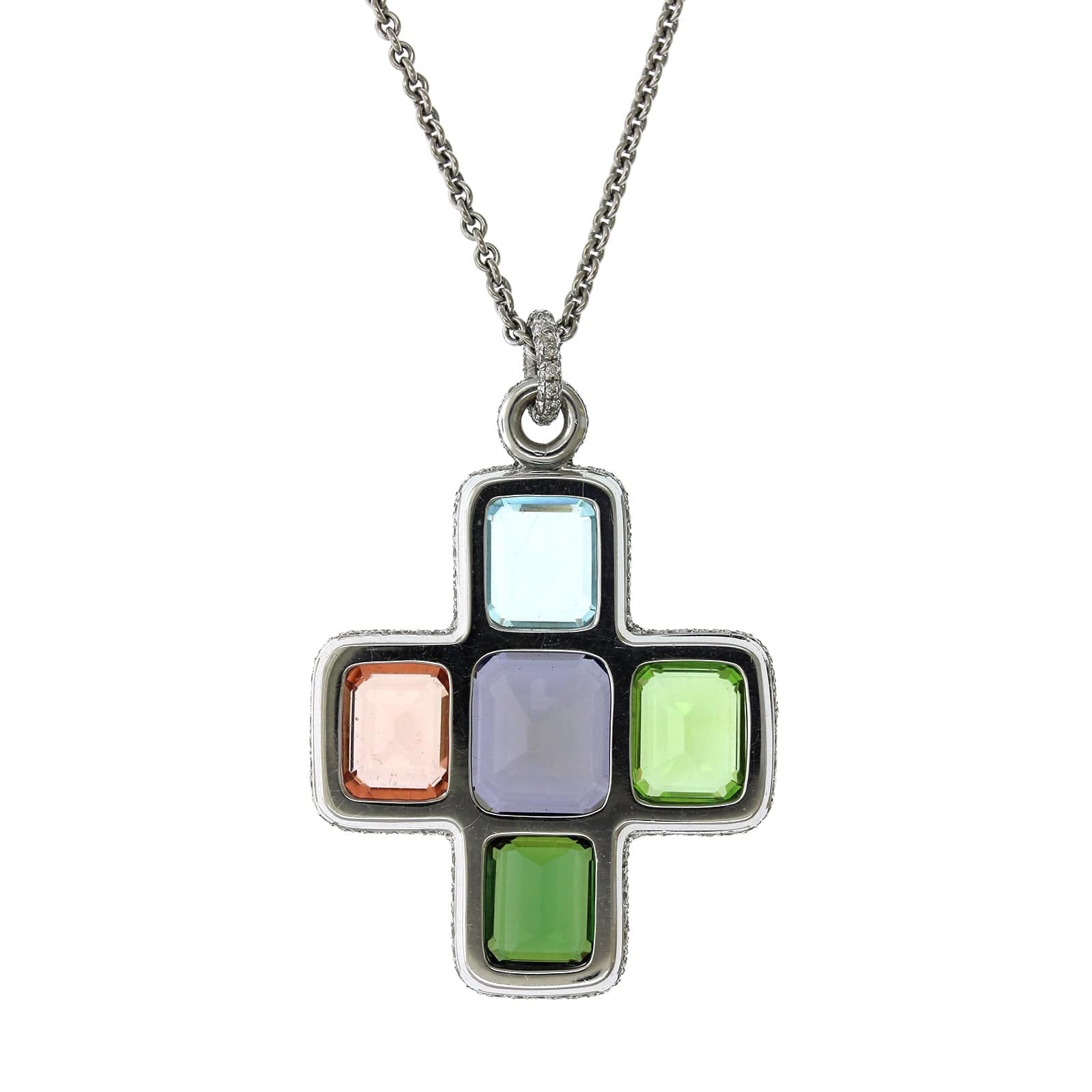 18K White Gold Multi Stone Cross Necklace - Image 2