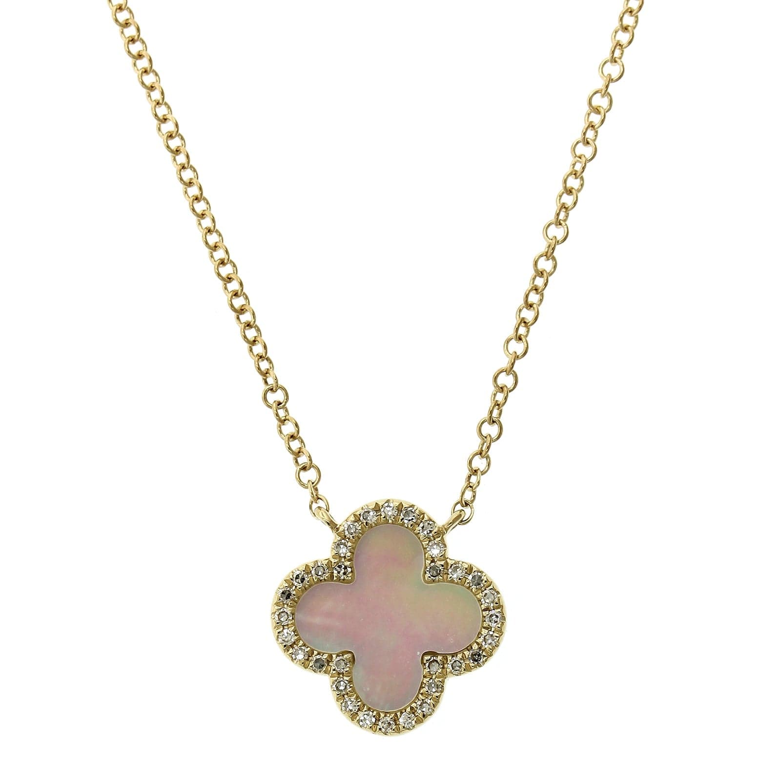 14K White Gold Mother of Pearl Diamond Halo Clover Pendant