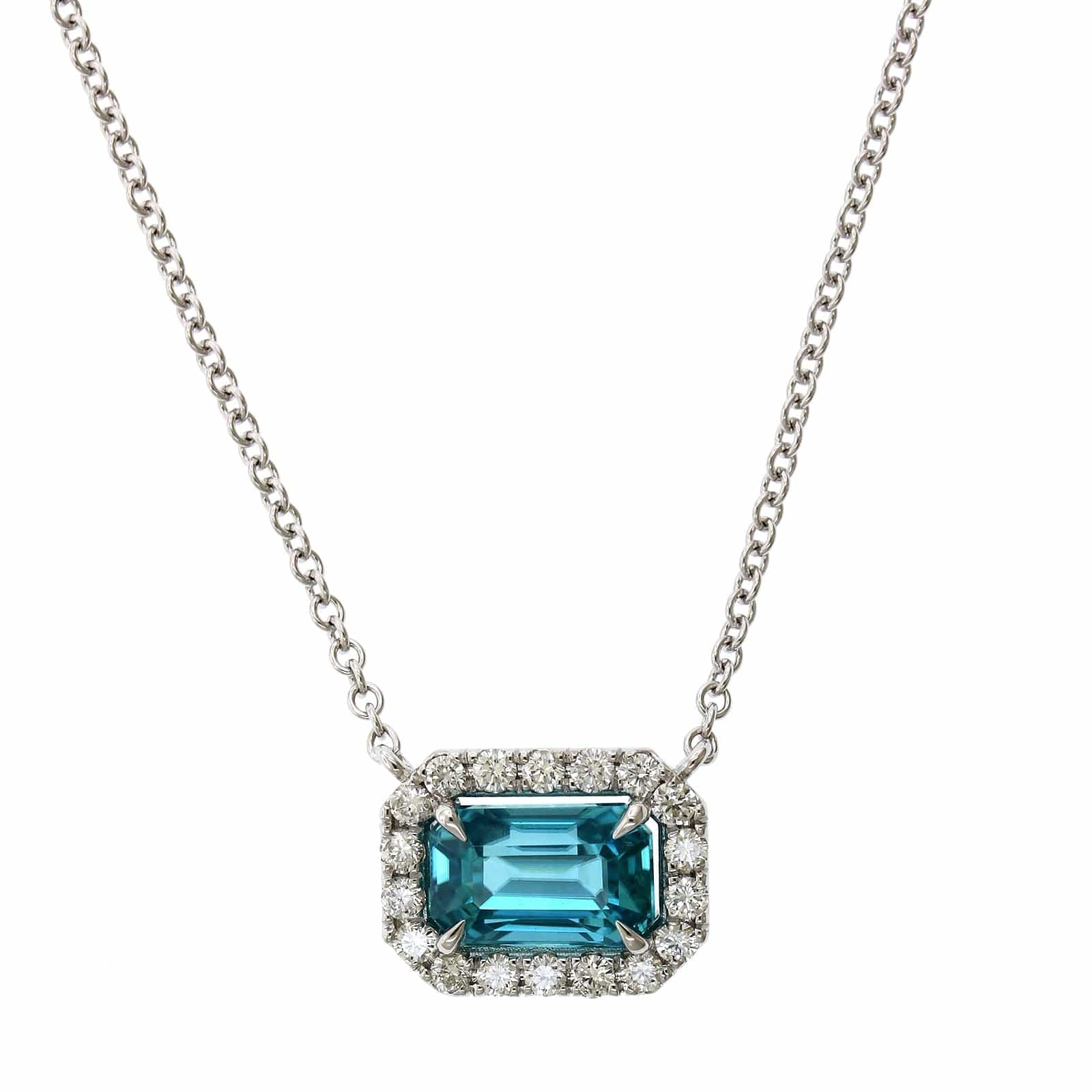 18K White Gold Blue Zircon Diamond Halo Necklace - Image 5