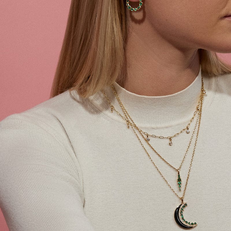 Sorellina 18K Yellow Gold Onyx and Emerald Moon Pendant - Image 2