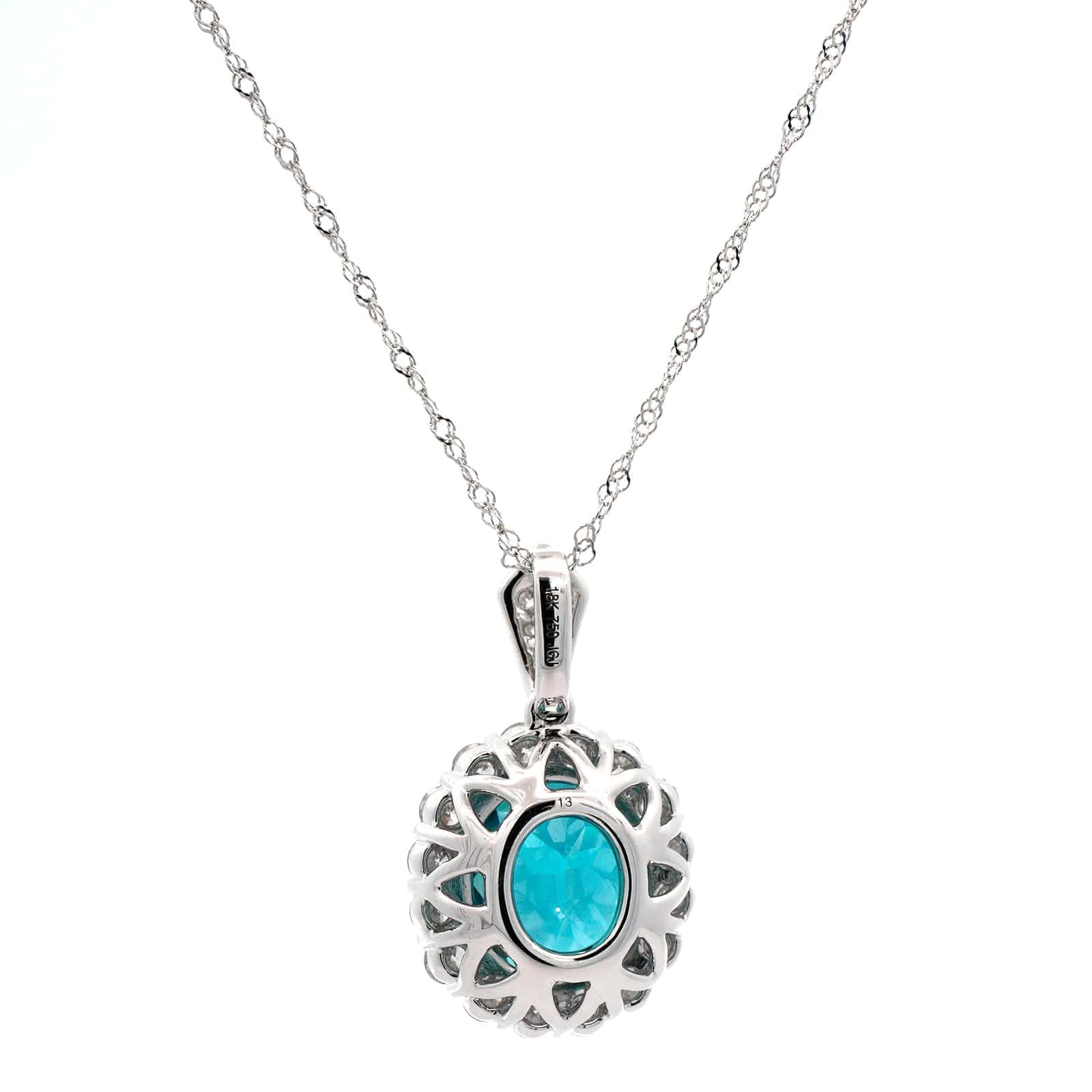 18K White Gold Blue Zircon Diamond Halo Necklace - Image 2