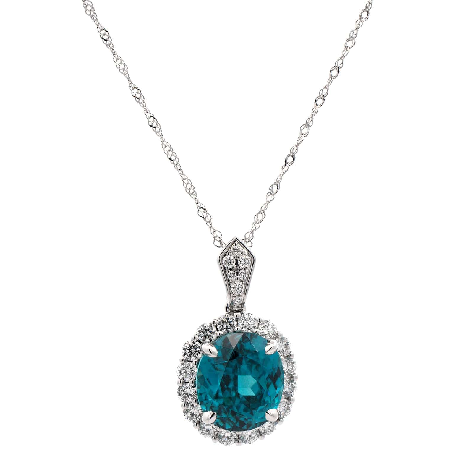 18K White Gold Blue Zircon Diamond Halo Necklace - Image 5