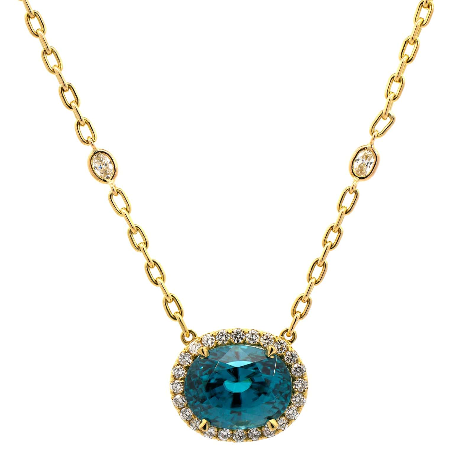 18K Yellow Gold Blue Zircon Diamond Halo Necklace - Image 5