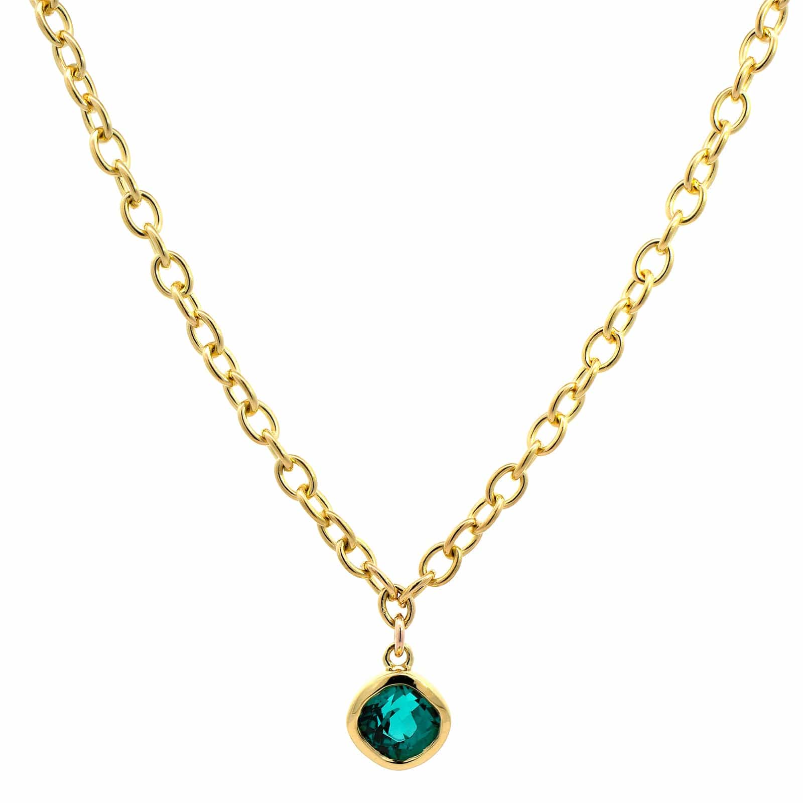 18K Yellow Gold Bezel Set Cushion Cut Lagoon Tourmaline Pendant Necklace