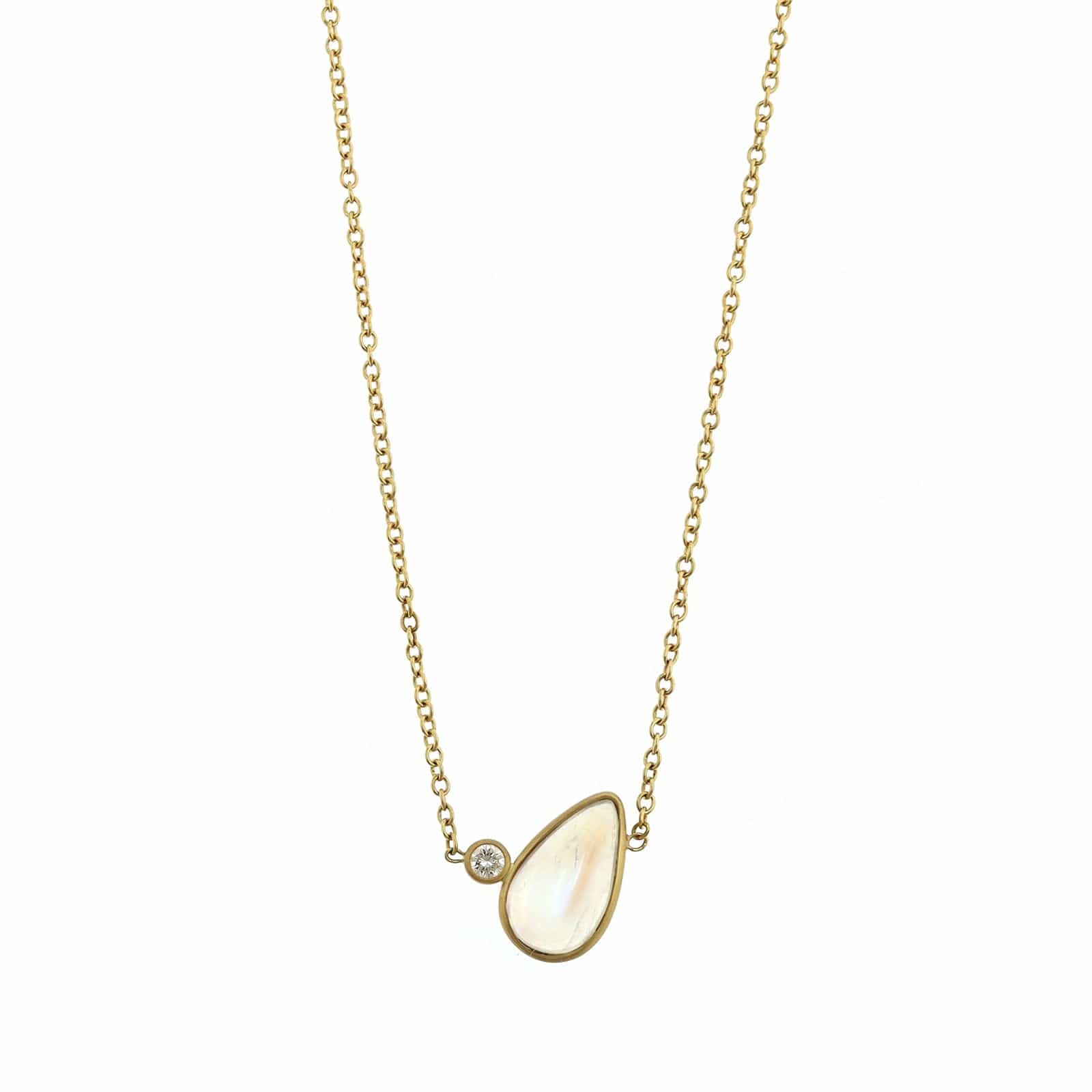 18K Yellow Gold Pear Shape Moonstone and Diamond Pendant Necklace