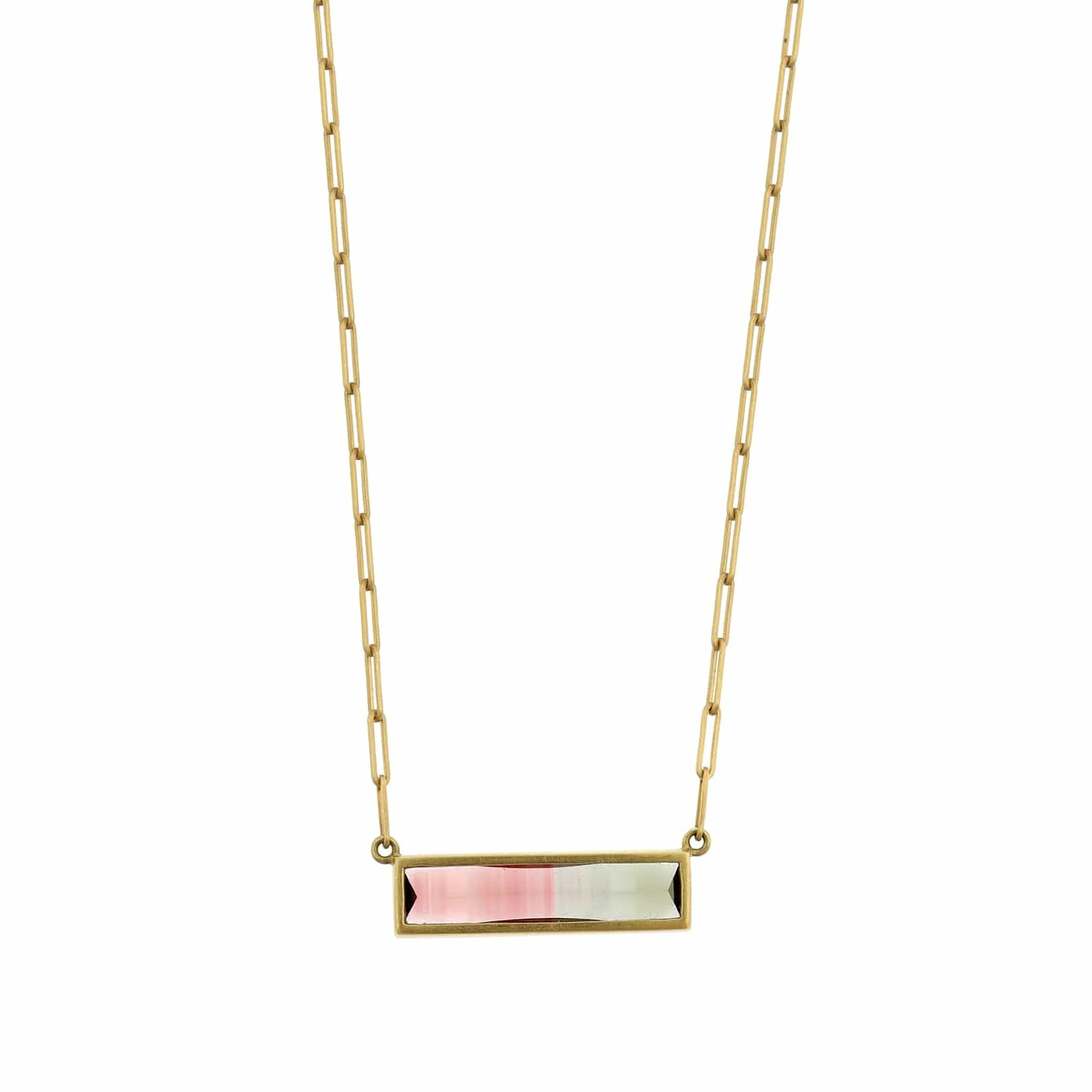 18K Yellow Gold Bezel Set Emerald Cut Watermelon Tourmaline Pendant Necklace - Image 2