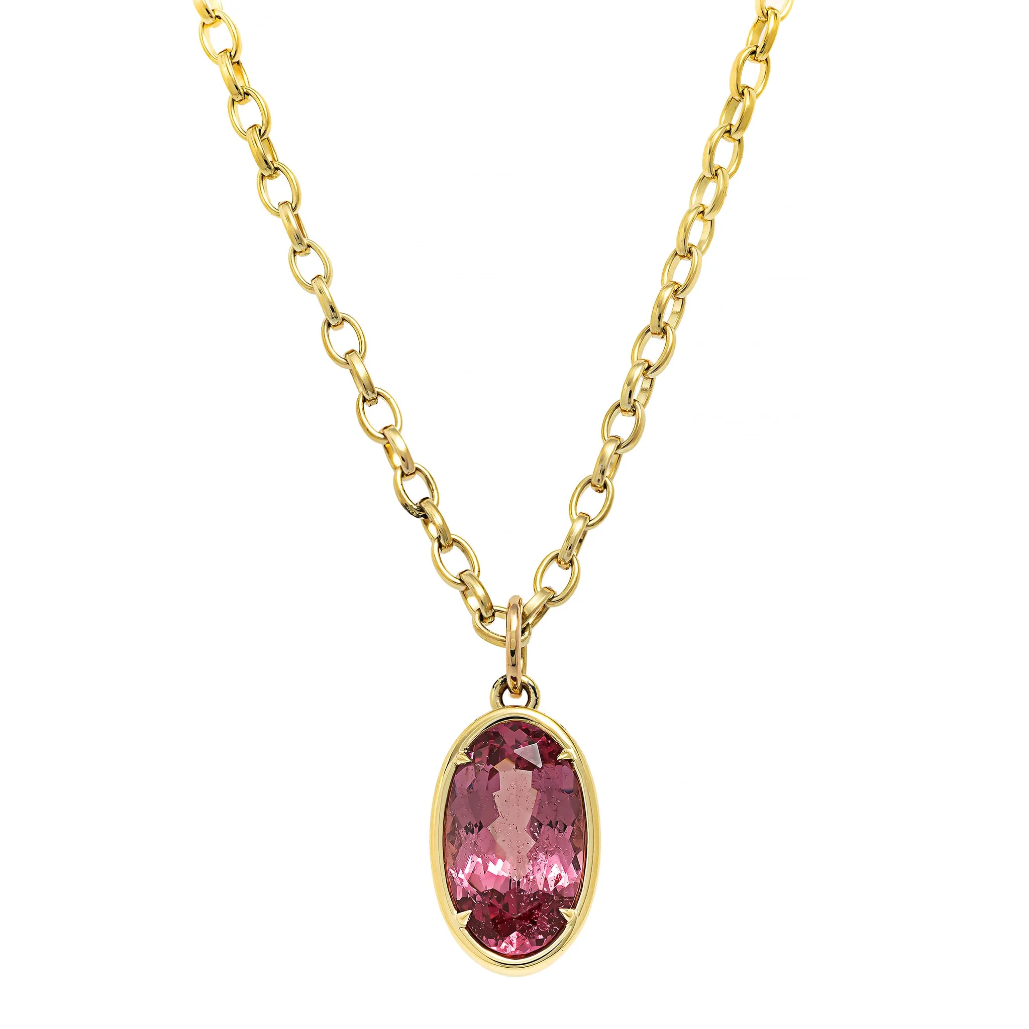 18K Yellow Gold Bezel Set Oval Pink Spinel Pendant Necklace