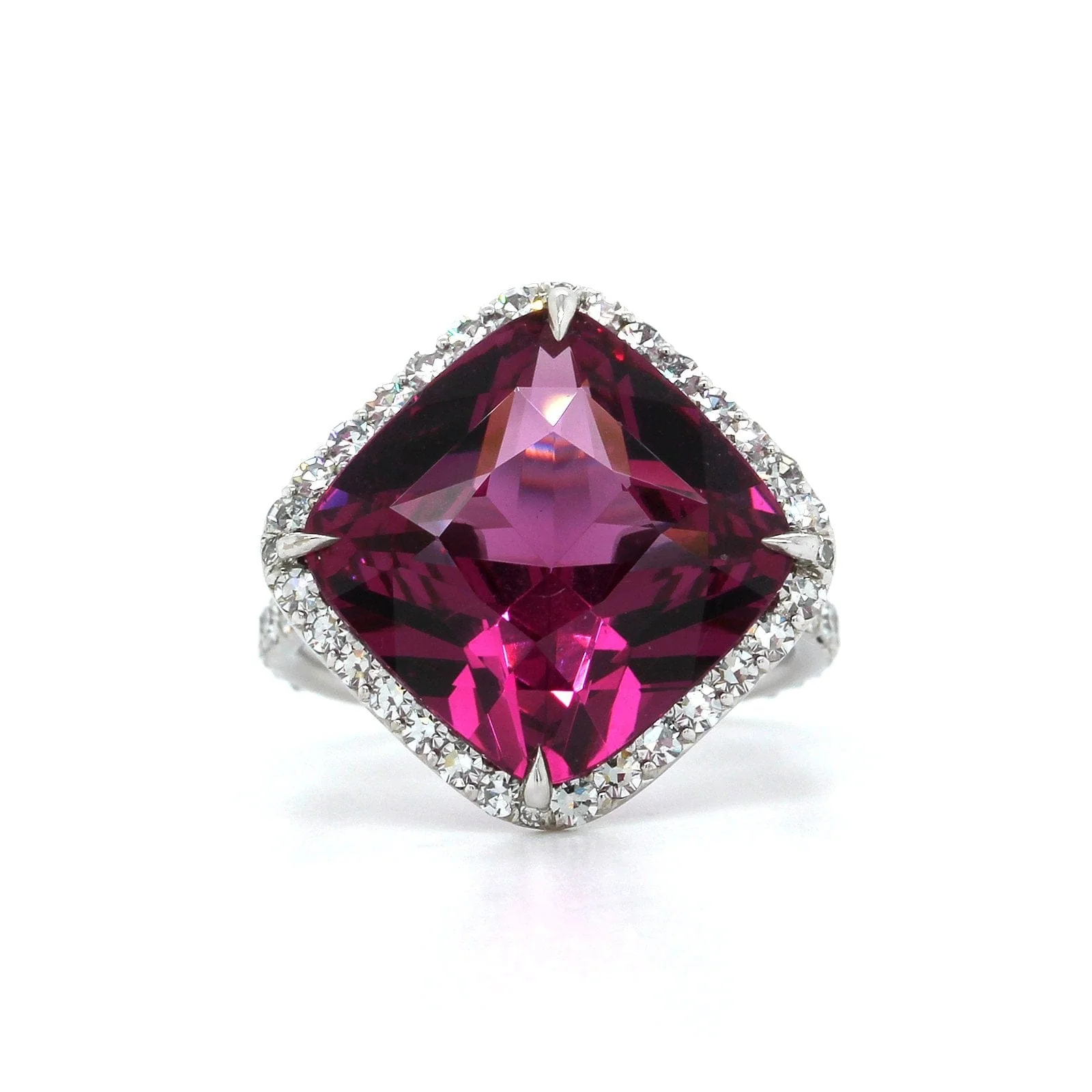 18K White Gold Cushion Rhodolite Garnet Diamond Ring
