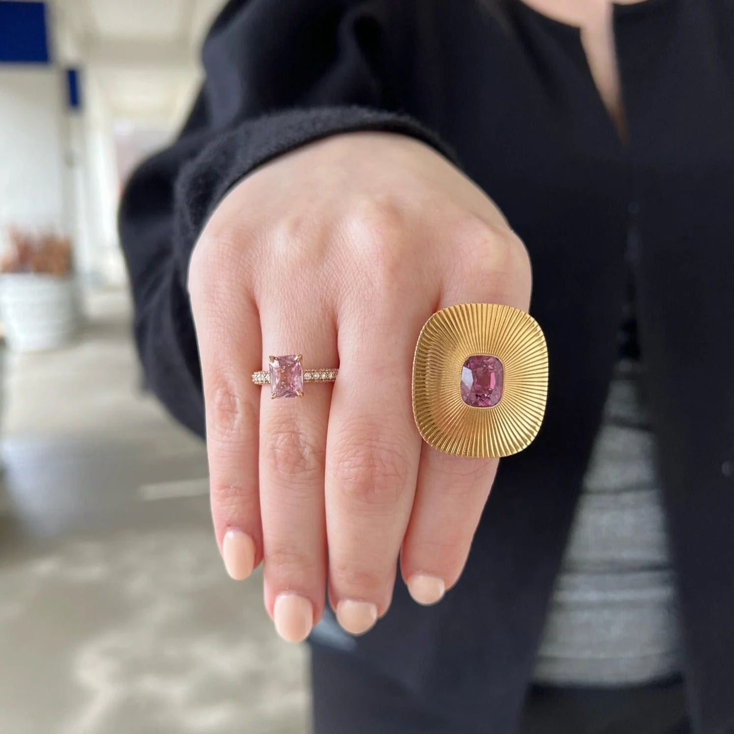 18K Rose Gold Pink Spinel Diamond Disc Ring - Image 2
