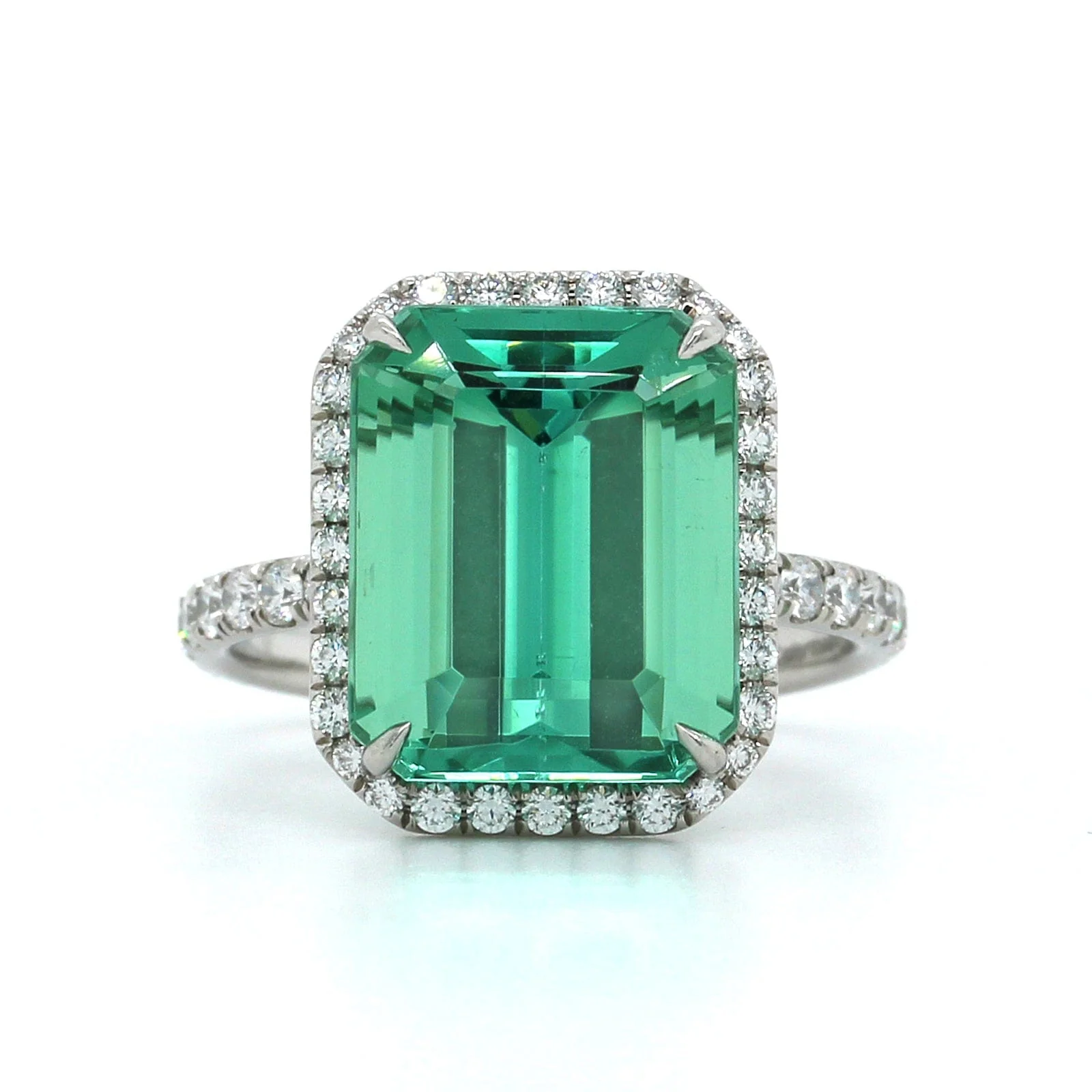 Platinum Emerald Cut Green Tourmaline Diamond Halo Ring