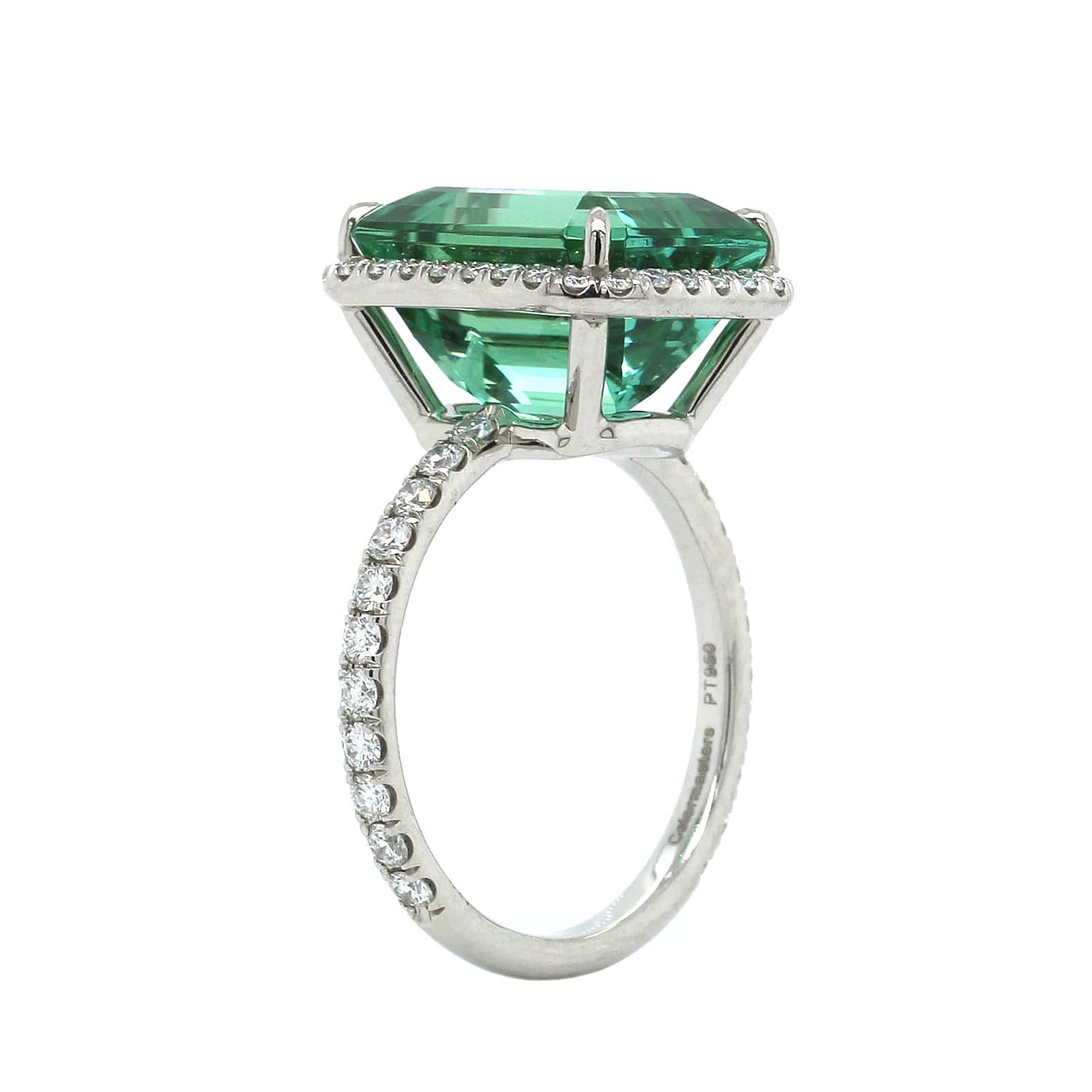 Platinum Emerald Cut Green Tourmaline Diamond Halo Ring - Image 2
