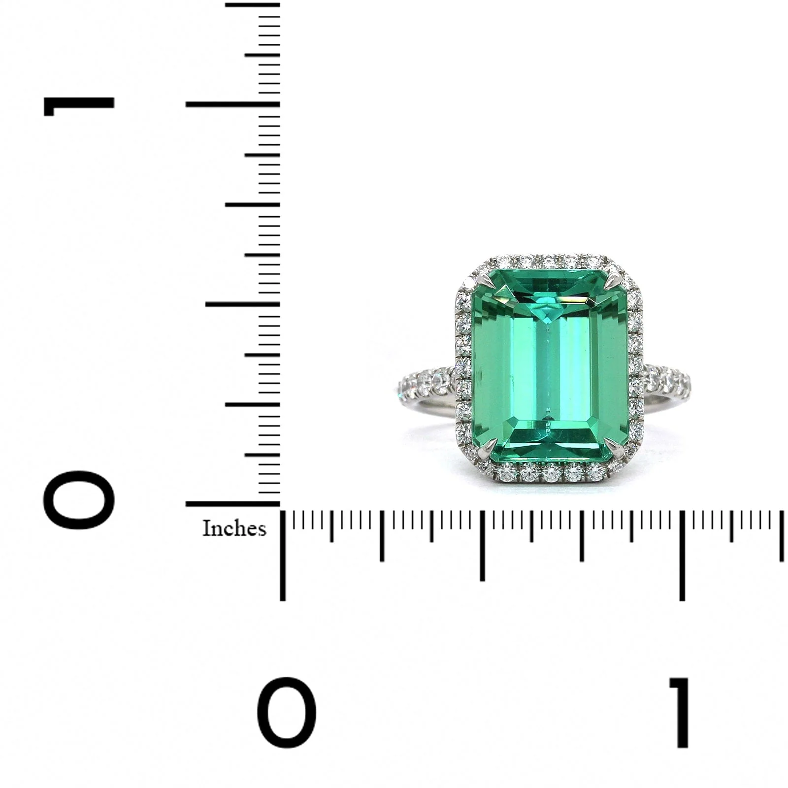 Platinum Emerald Cut Green Tourmaline Diamond Halo Ring - Image 3
