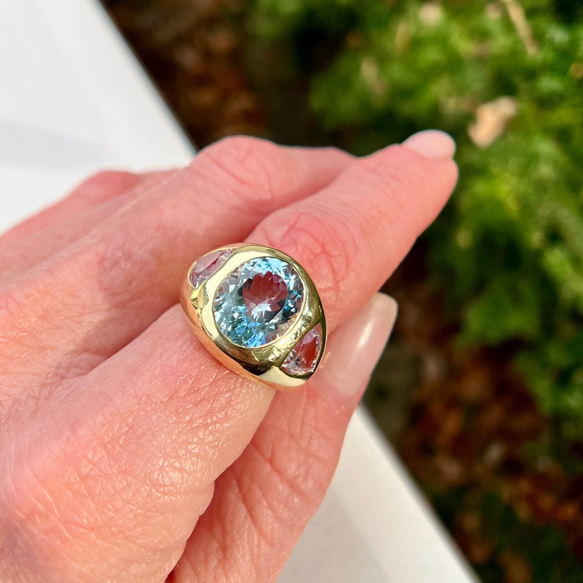 18K Yellow Gold Gypsy Aquamarine and Morganite Ring - Image 2