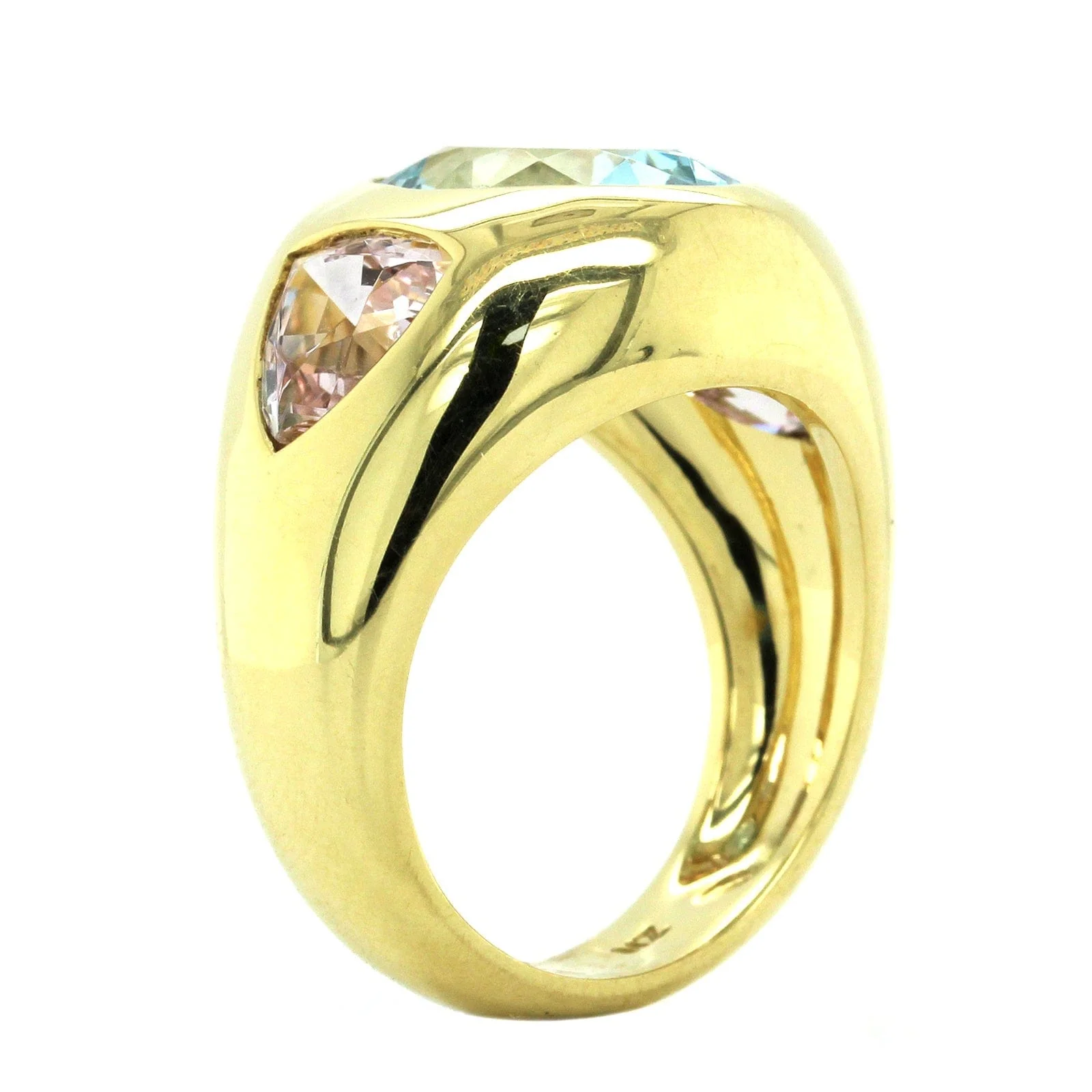 18K Yellow Gold Gypsy Aquamarine and Morganite Ring - Image 3