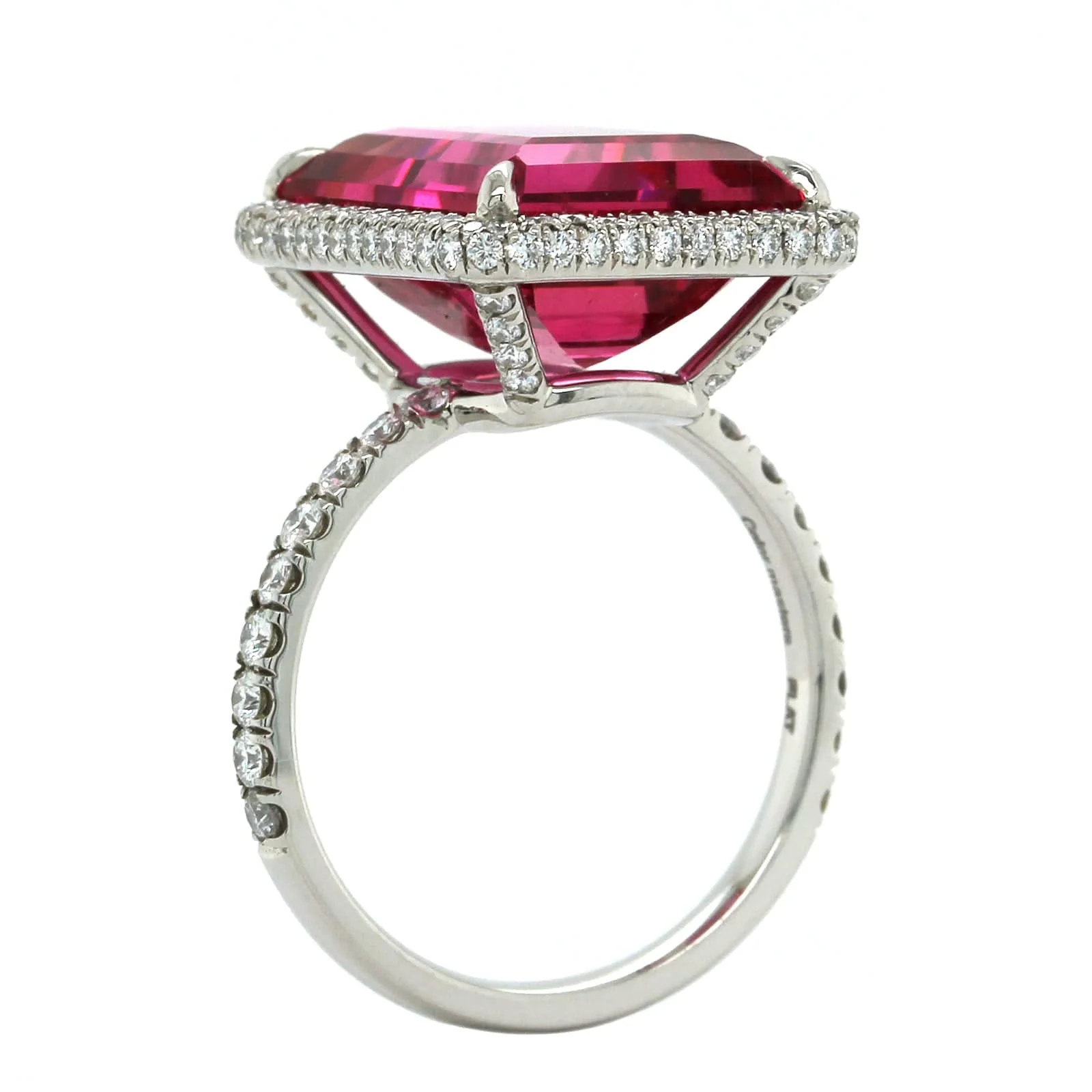 Platinum Emerald Cut Rubellite Diamond Halo Ring - Image 2