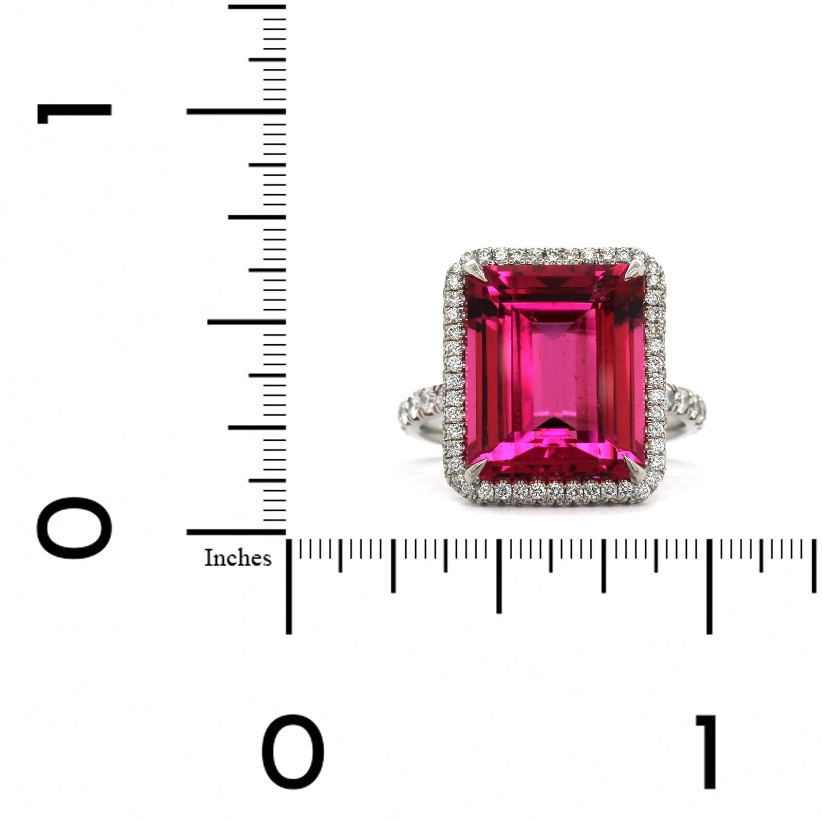 Platinum Emerald Cut Rubellite Diamond Halo Ring - Image 3