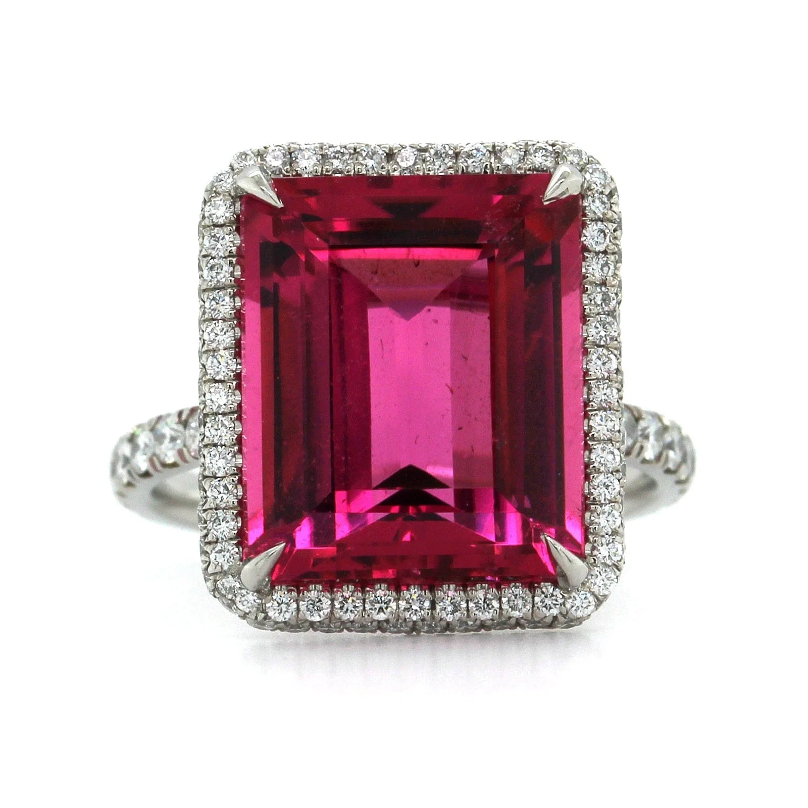 Platinum Emerald Cut Rubellite Diamond Halo Ring - Image 4