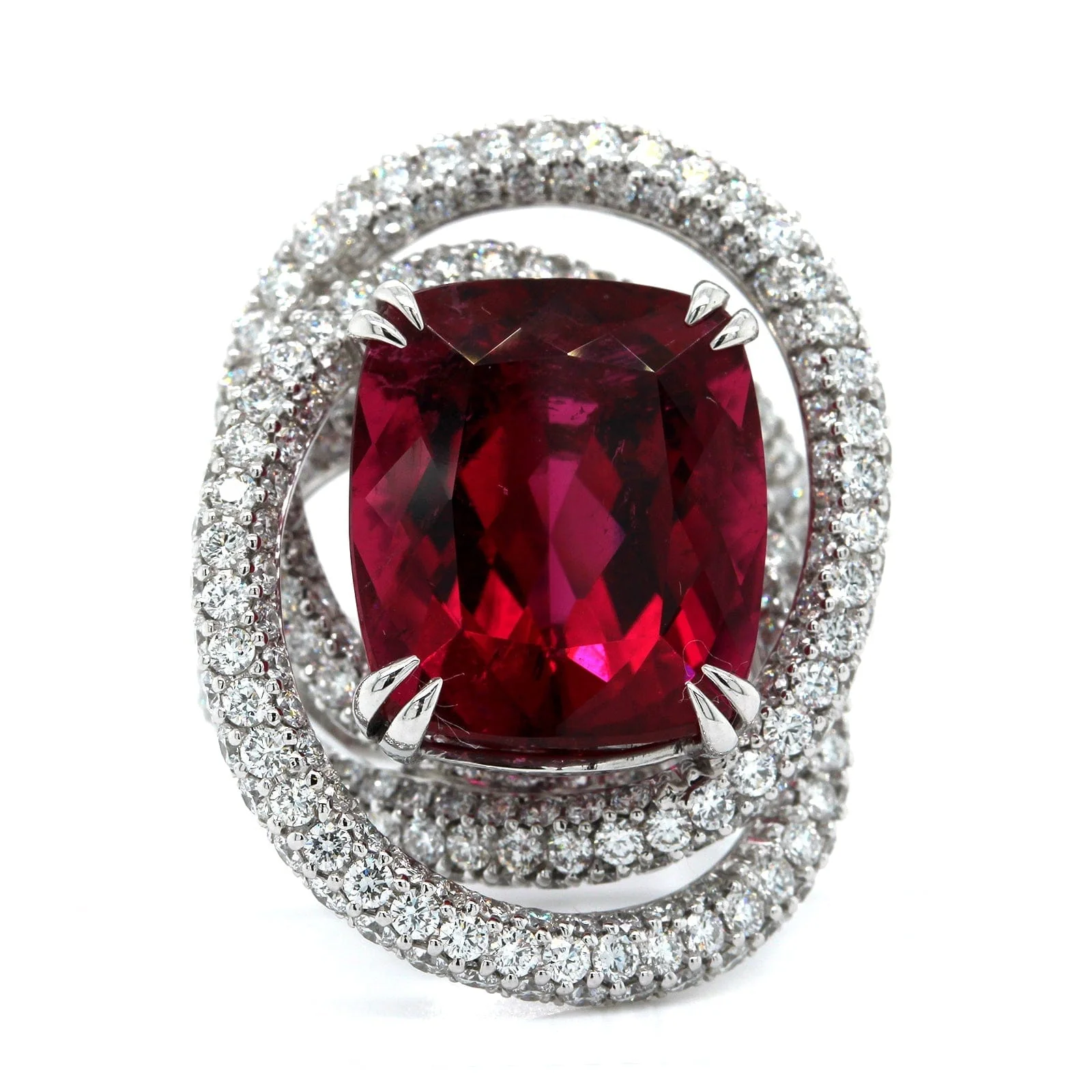 18K White Gold Cushion Red Rubellite Diamond Ring - Image 4