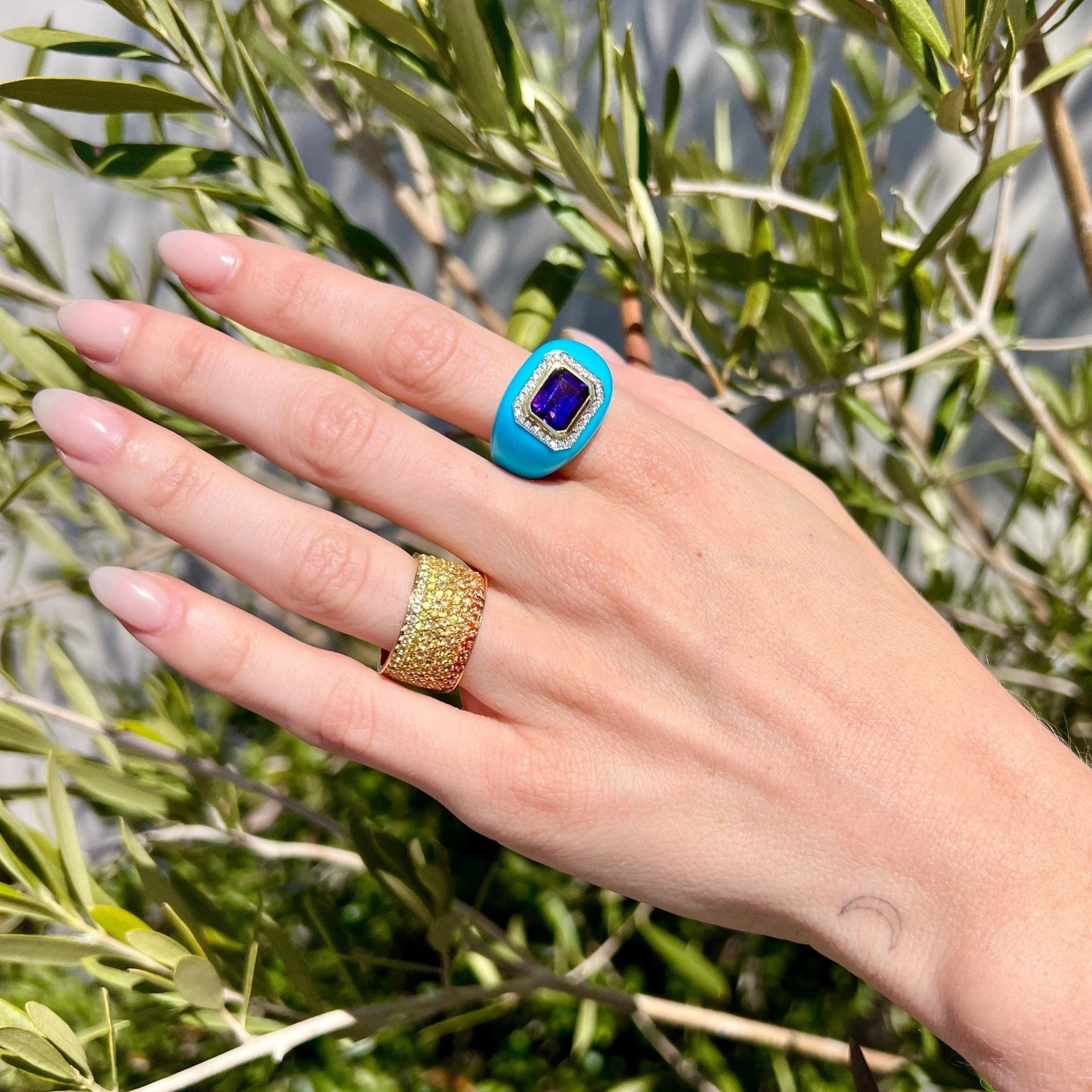 Emily P. Wheeler 18K Yellow Gold Turquoise and Amethyst Chubby Ring - Image 2