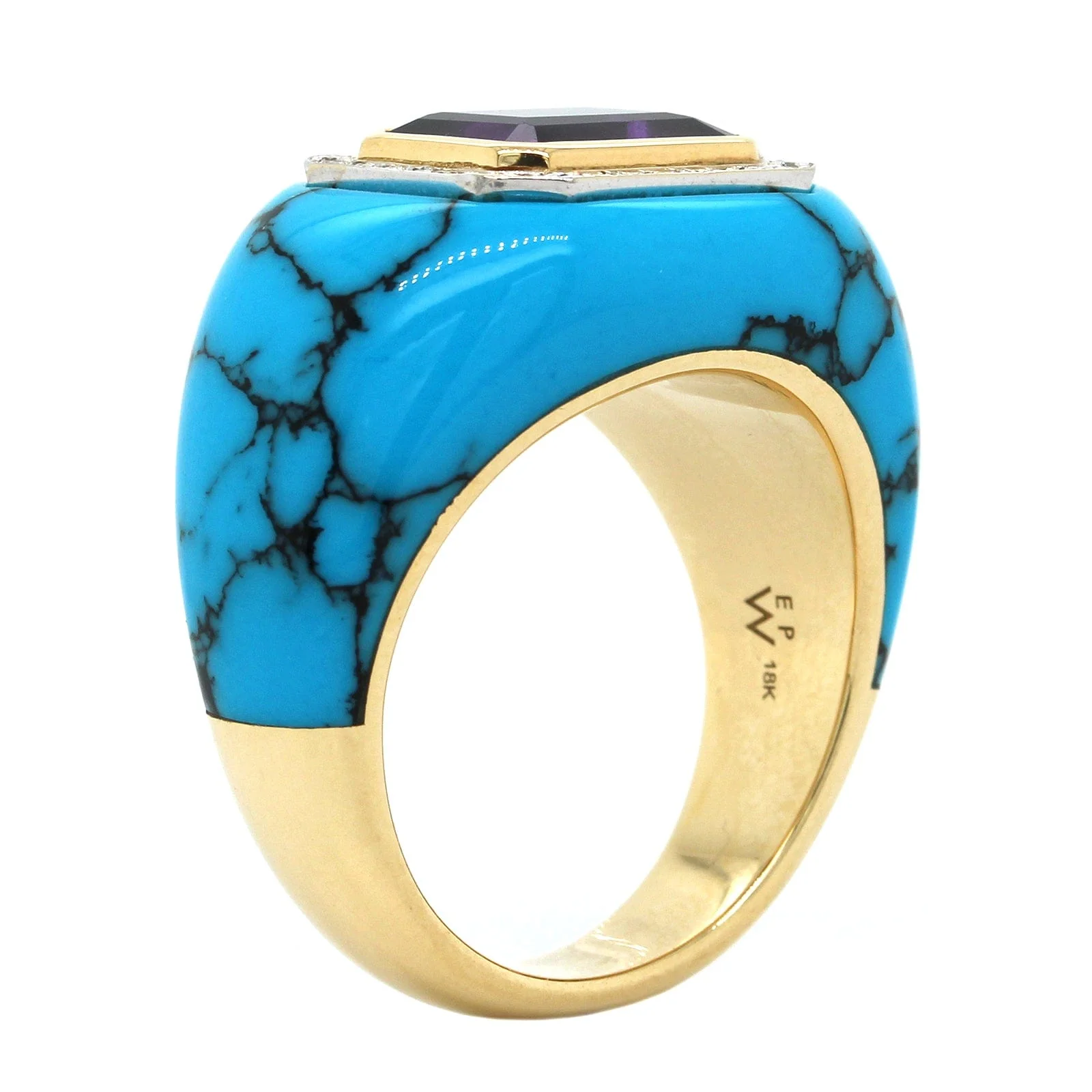 Emily P. Wheeler 18K Yellow Gold Turquoise and Amethyst Chubby Ring - Image 3