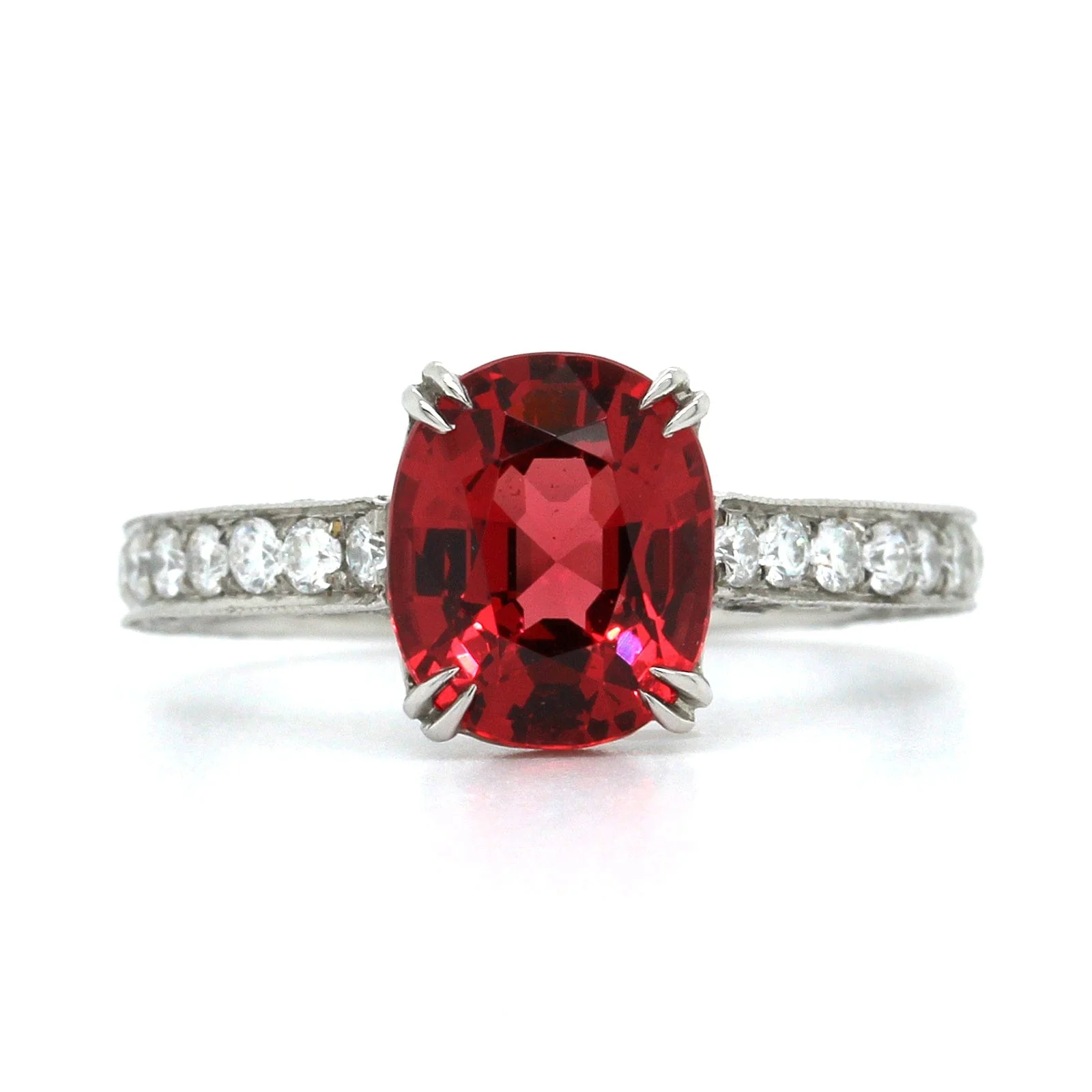Platinum Cushion Cut Red Spinel Diamond Ring