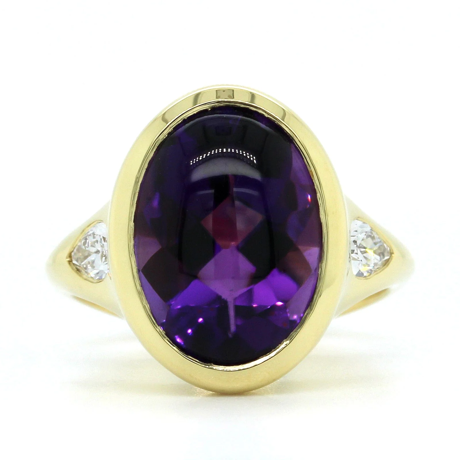 18K Yellow Gold Oval Cabochon Amethyst 3 Stone Ring - Image 4