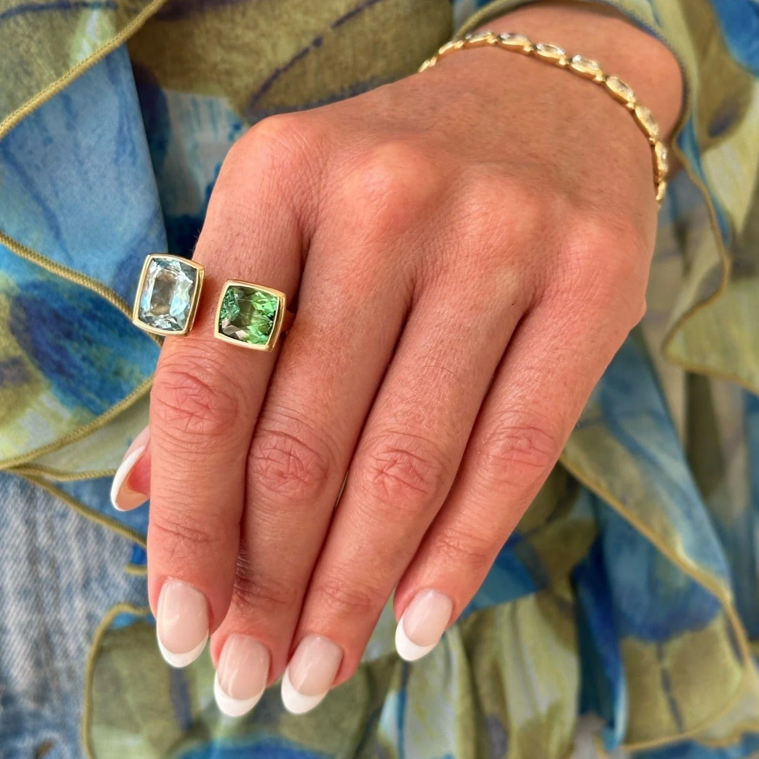 18K Yellow Gold Tourmaline and Aquamarine Open Ring - Image 2
