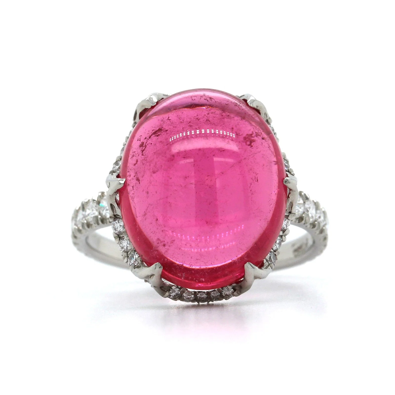 Platinum Oval Cabochon Pink Tourmaline Diamond Ring