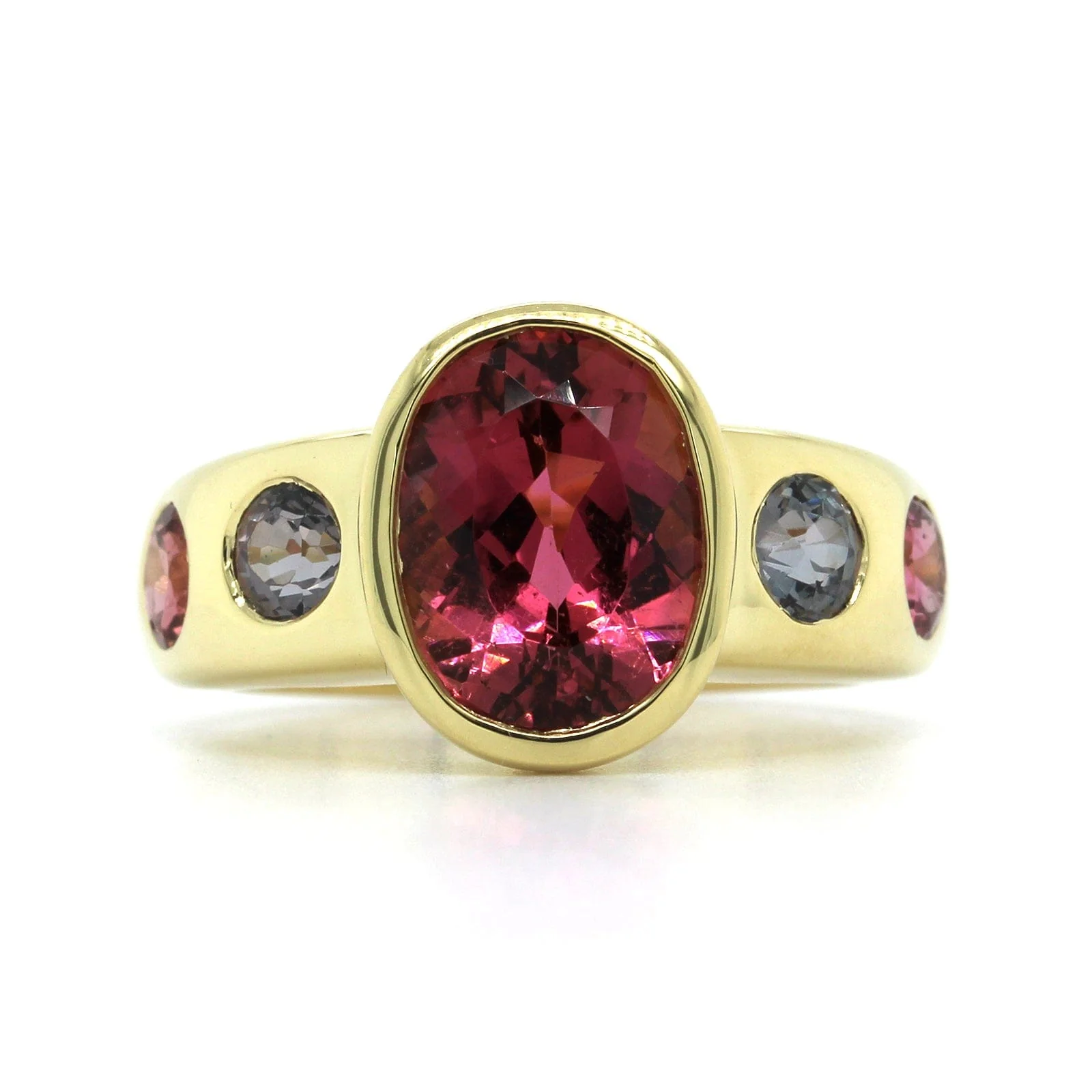 18K Yellow Gold Bezel Set Pink Tourmaline and Spinel Jezebel Ring - Image 4