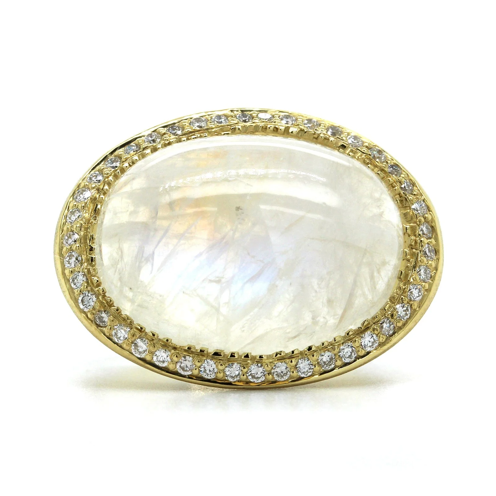 18K Yellow Gold Rainbow Moonstone Diamond Halo Ring
