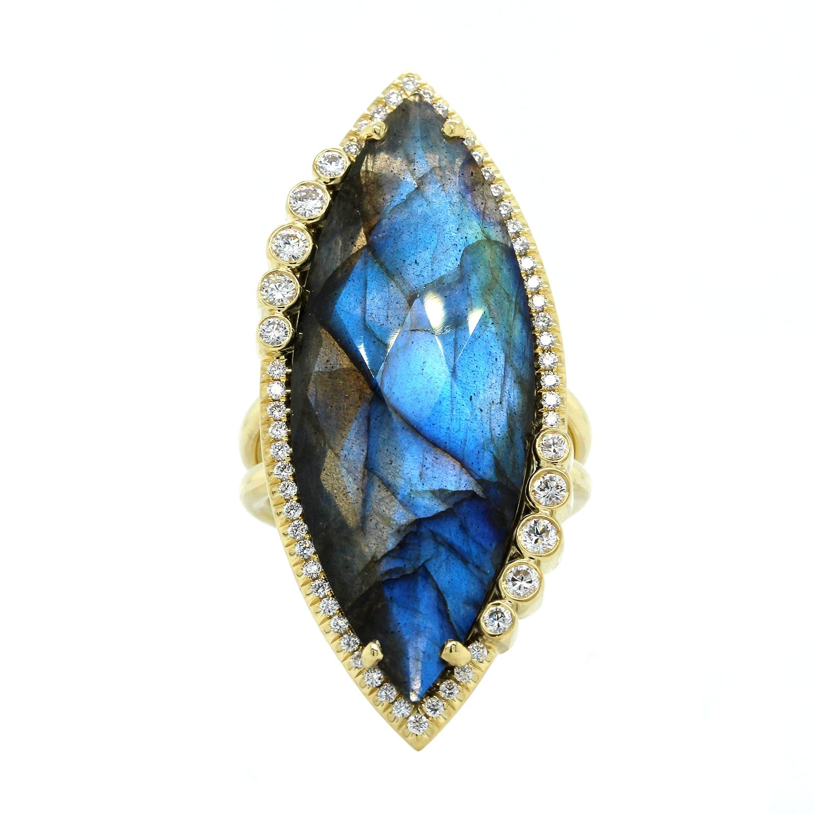 18K Yellow Gold Diamond and Marquise Labradorite Ring - Image 4