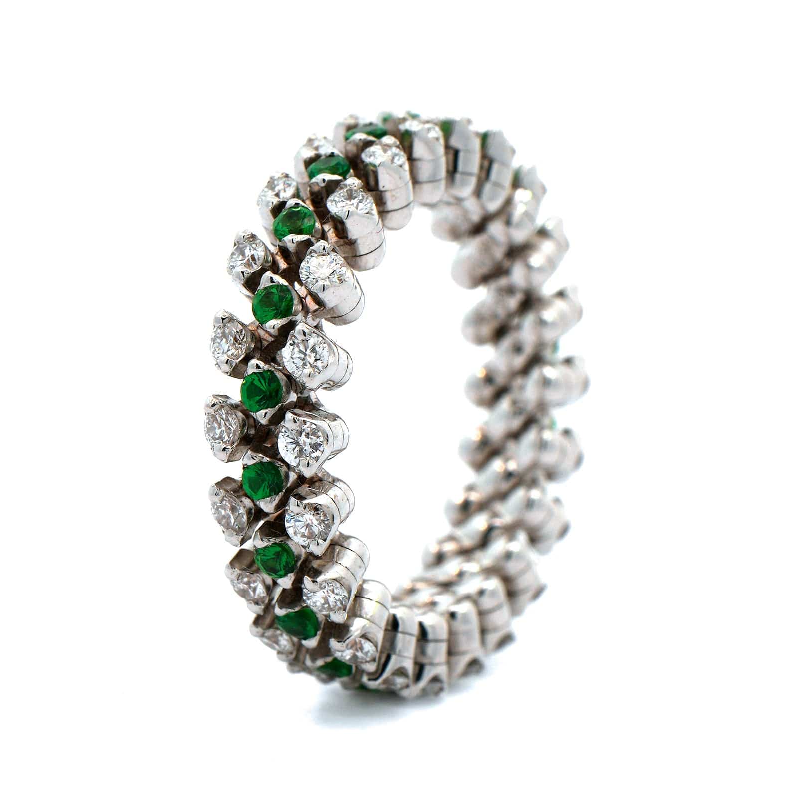 18K White Gold 3 Row Adjustable Diamond and Tsavorite Ring - Image 2