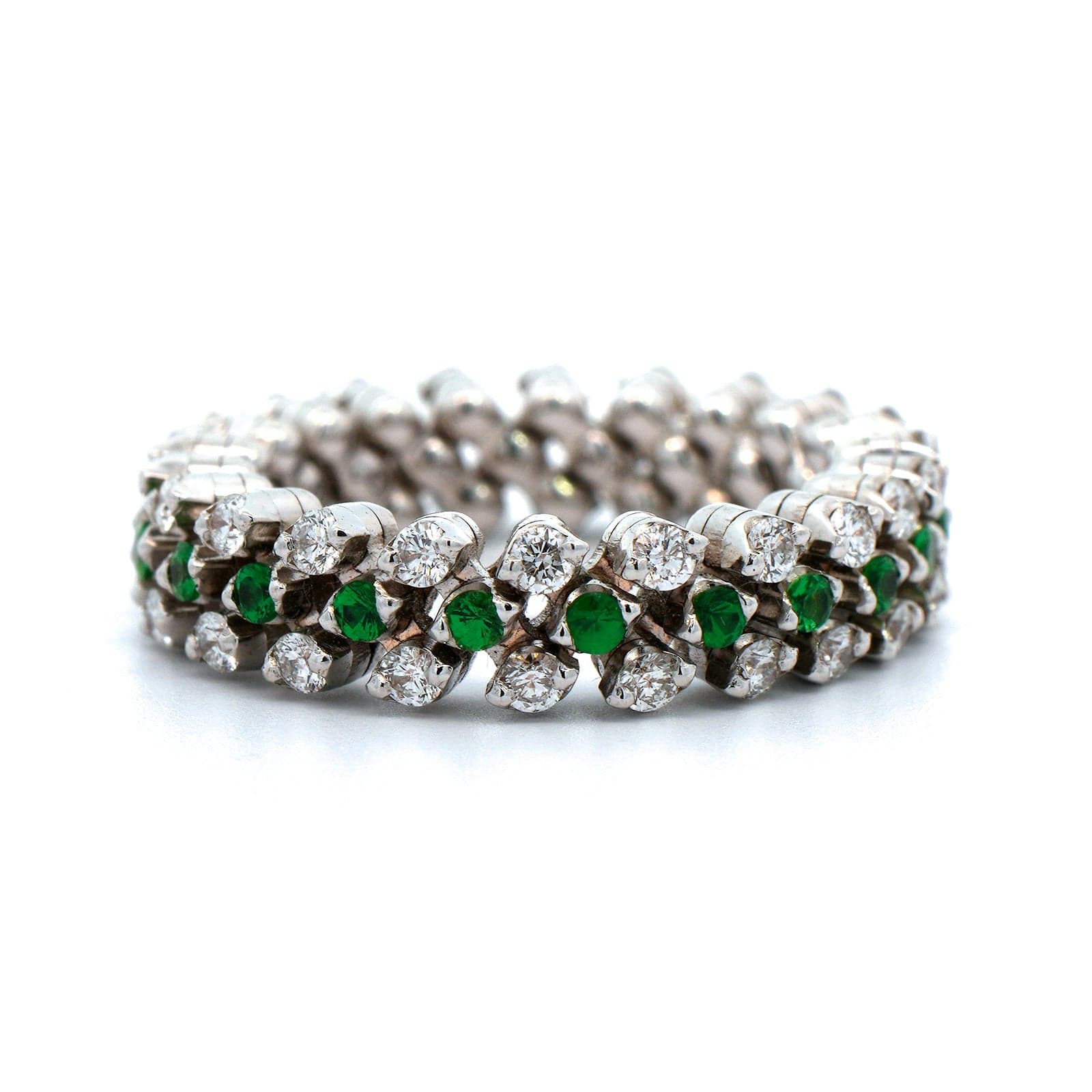 18K White Gold 3 Row Adjustable Diamond and Tsavorite Ring - Image 4