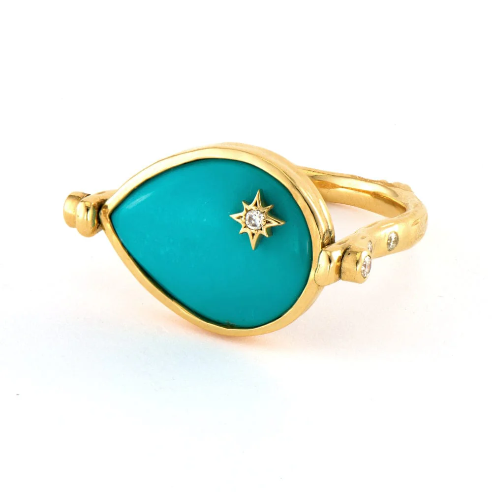 Three Stories 14K Yellow Gold Wish On A Star Sideways Pear Turquoise Flip Ring - Image 2